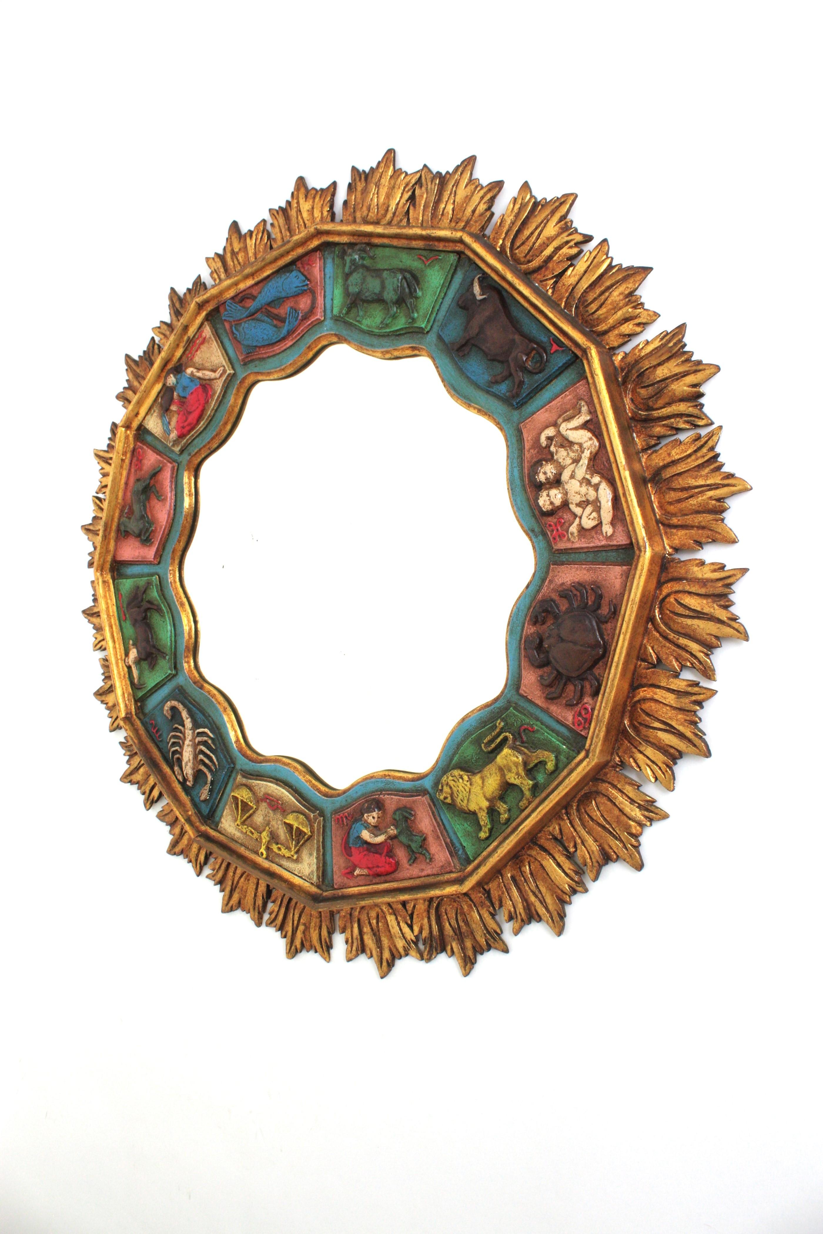 Zodiac Giltwood XL Sonnenschliff-Spiegel mit polychromem Rahmen, Spanien 1950 im Angebot 5