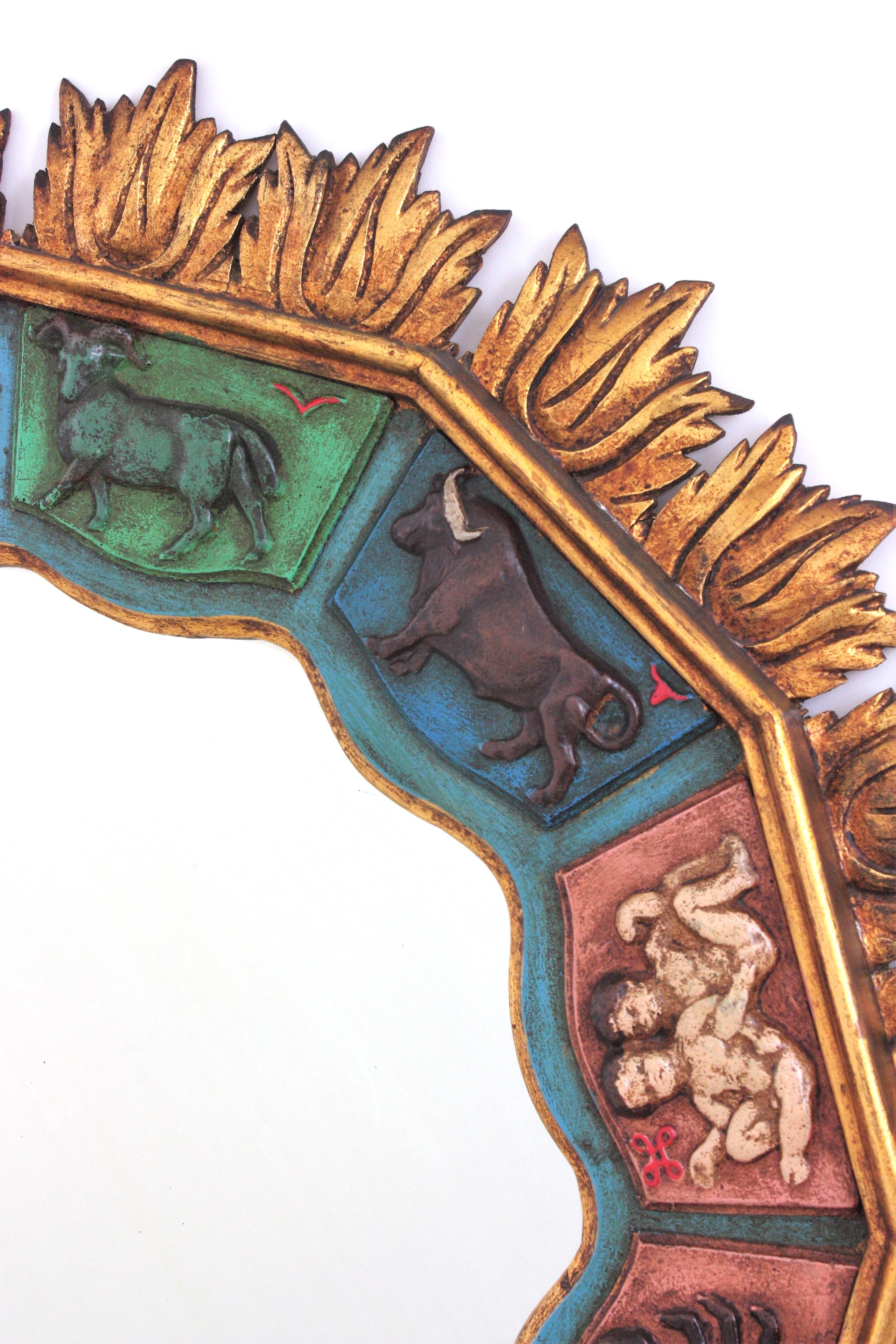 Zodiac Giltwood XL Sonnenschliff-Spiegel mit polychromem Rahmen, Spanien 1950 im Angebot 6