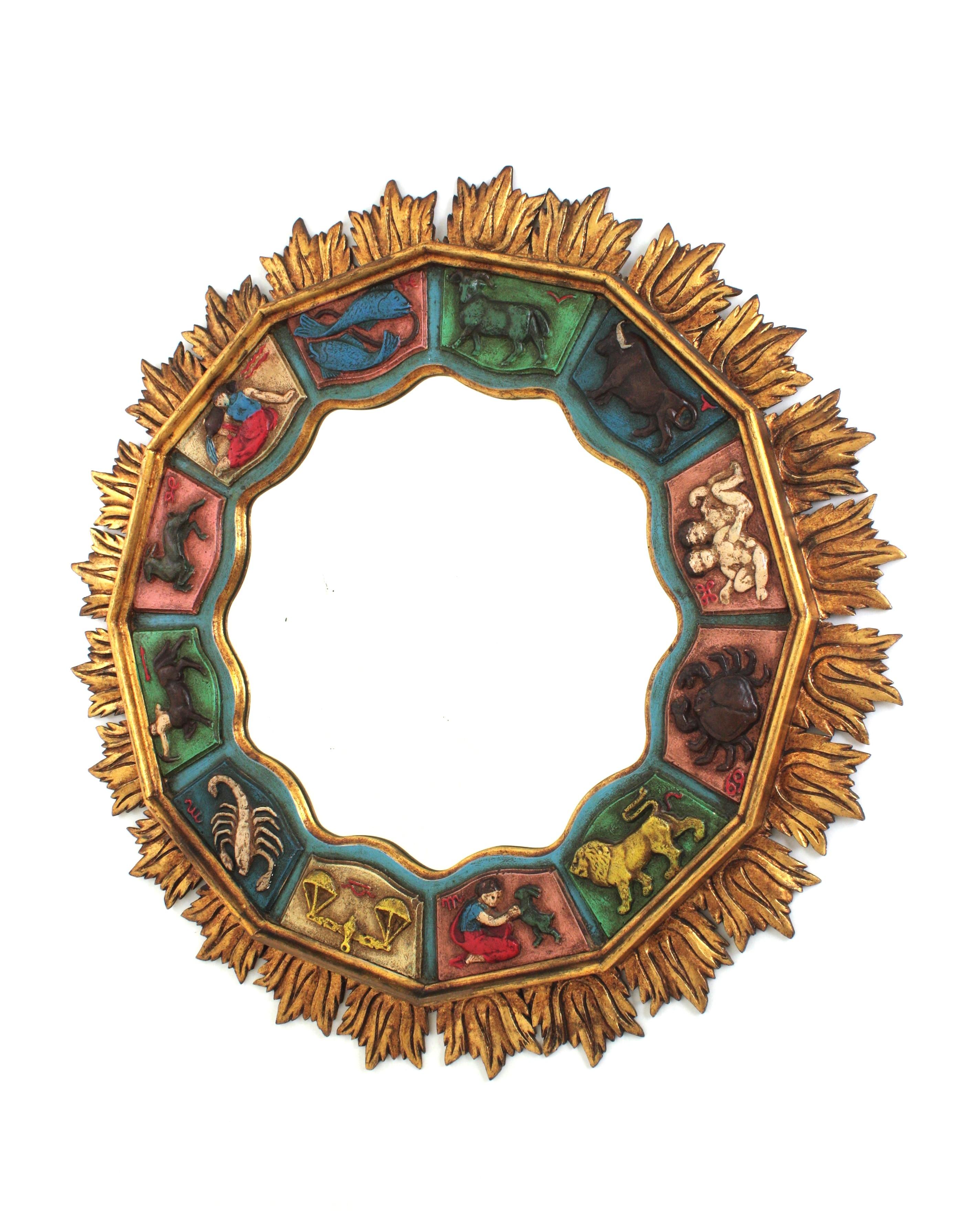 Zodiac Giltwood XL Sonnenschliff-Spiegel mit polychromem Rahmen, Spanien 1950 im Angebot 1