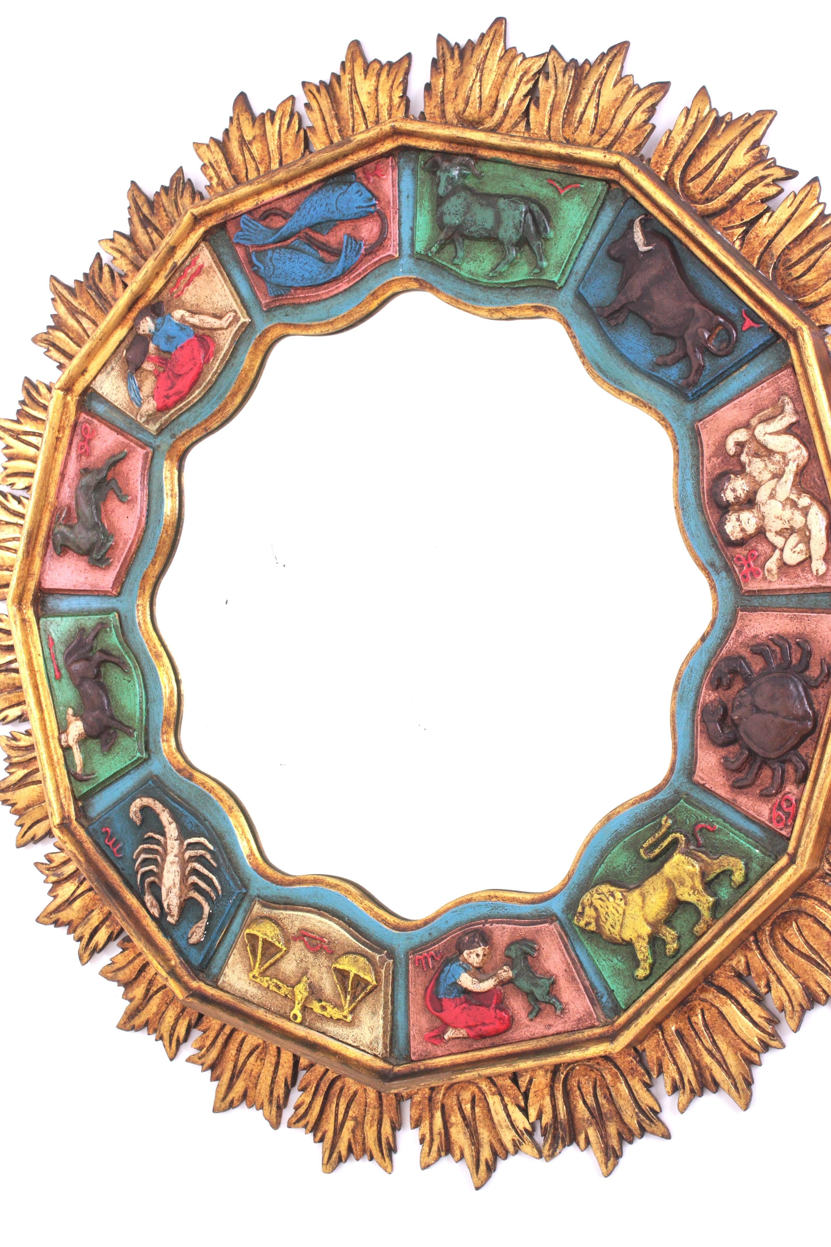 Zodiac Giltwood XL Sonnenschliff-Spiegel mit polychromem Rahmen, Spanien 1950 im Angebot 2