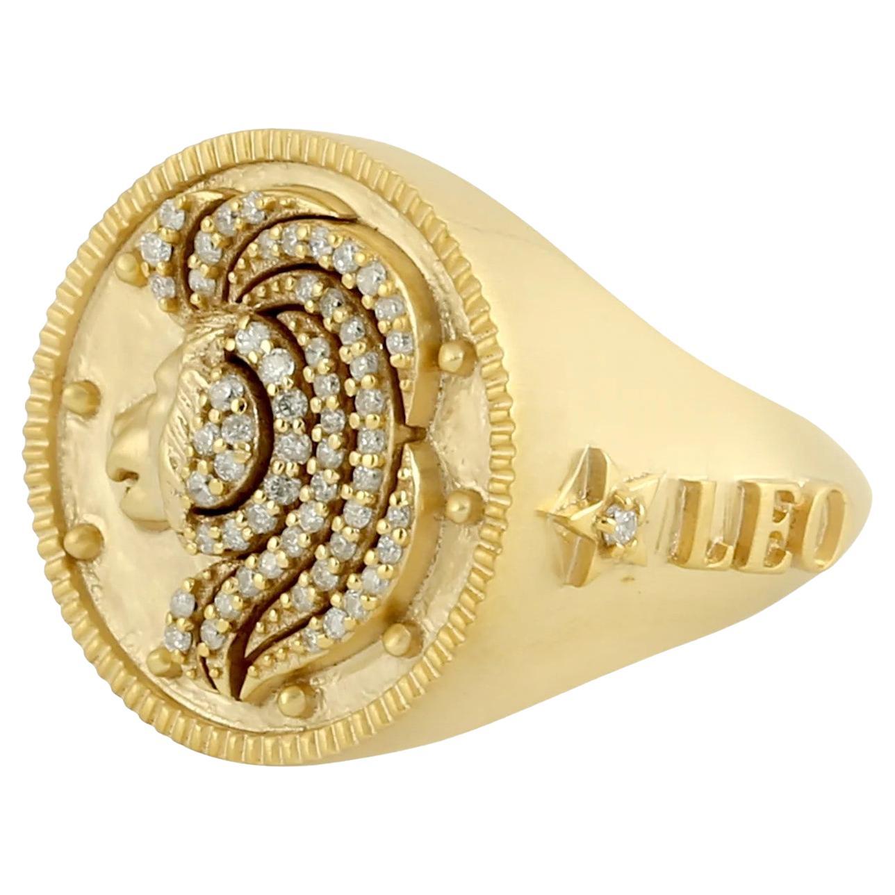 Zodiac Leo Diamond 14 Karat Yellow Gold Signet Ring