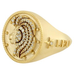 Zodiac Leo Diamond 14 Karat Yellow Gold Signet Ring
