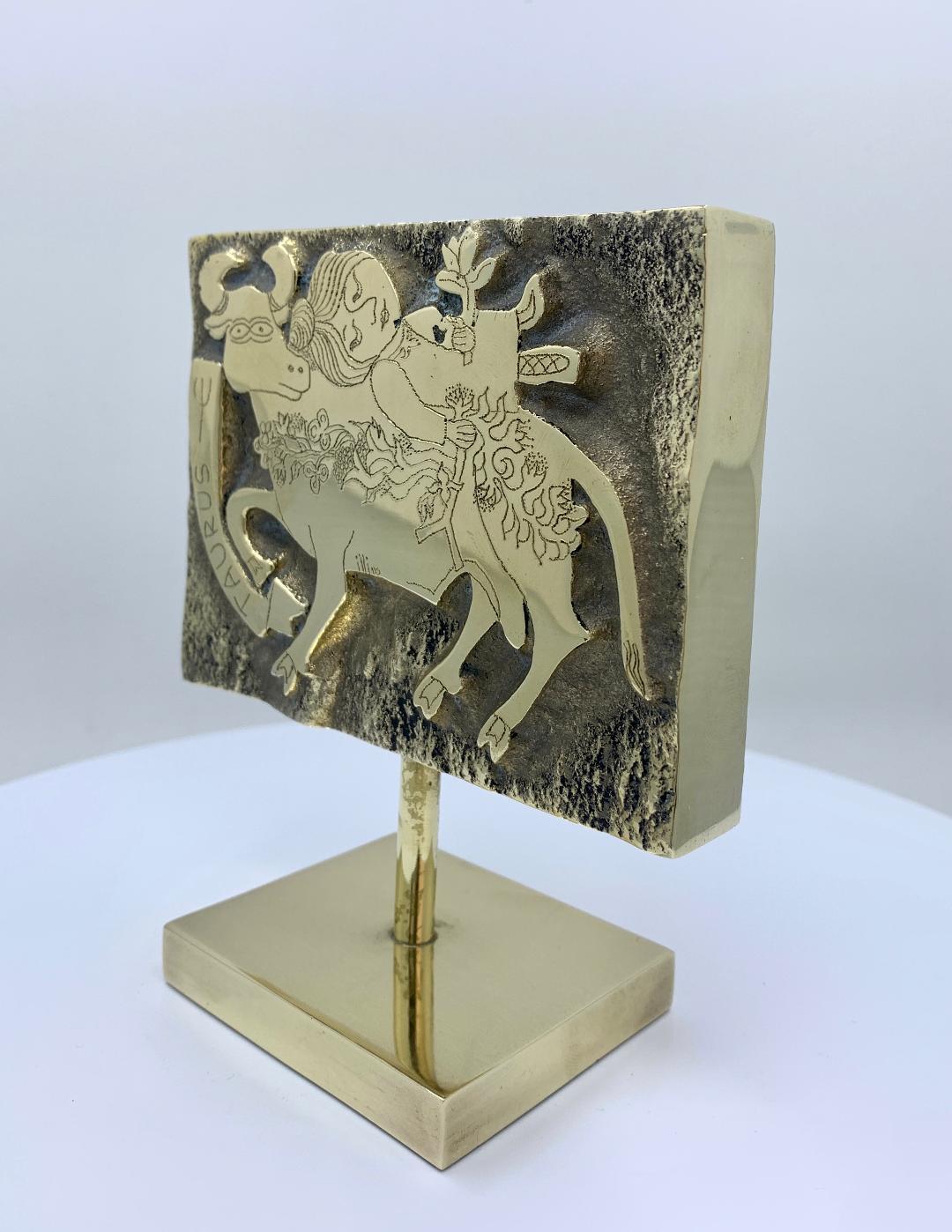 The perfect gift for the Taurus in your life! Taurus is the birth sign of the zodiac for those born between April 19th-May 20th.

Richly textural, hand tooled high relief solid heavy brass rectangular block stamp sculpture from the 1960s features