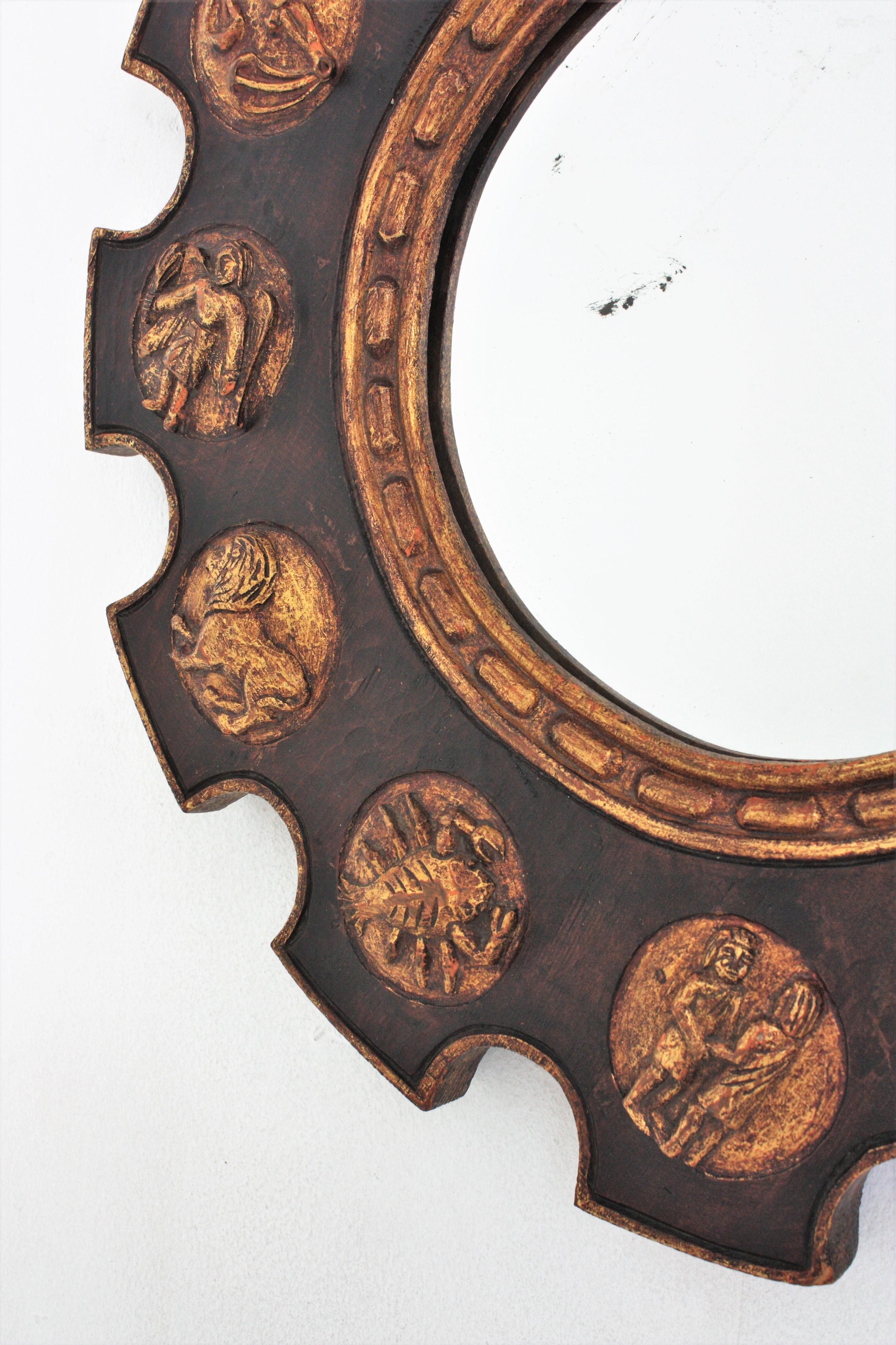 Spanish Zodiac Sunburst Mirror with Brown Giltwood Carved Frame For Sale 4