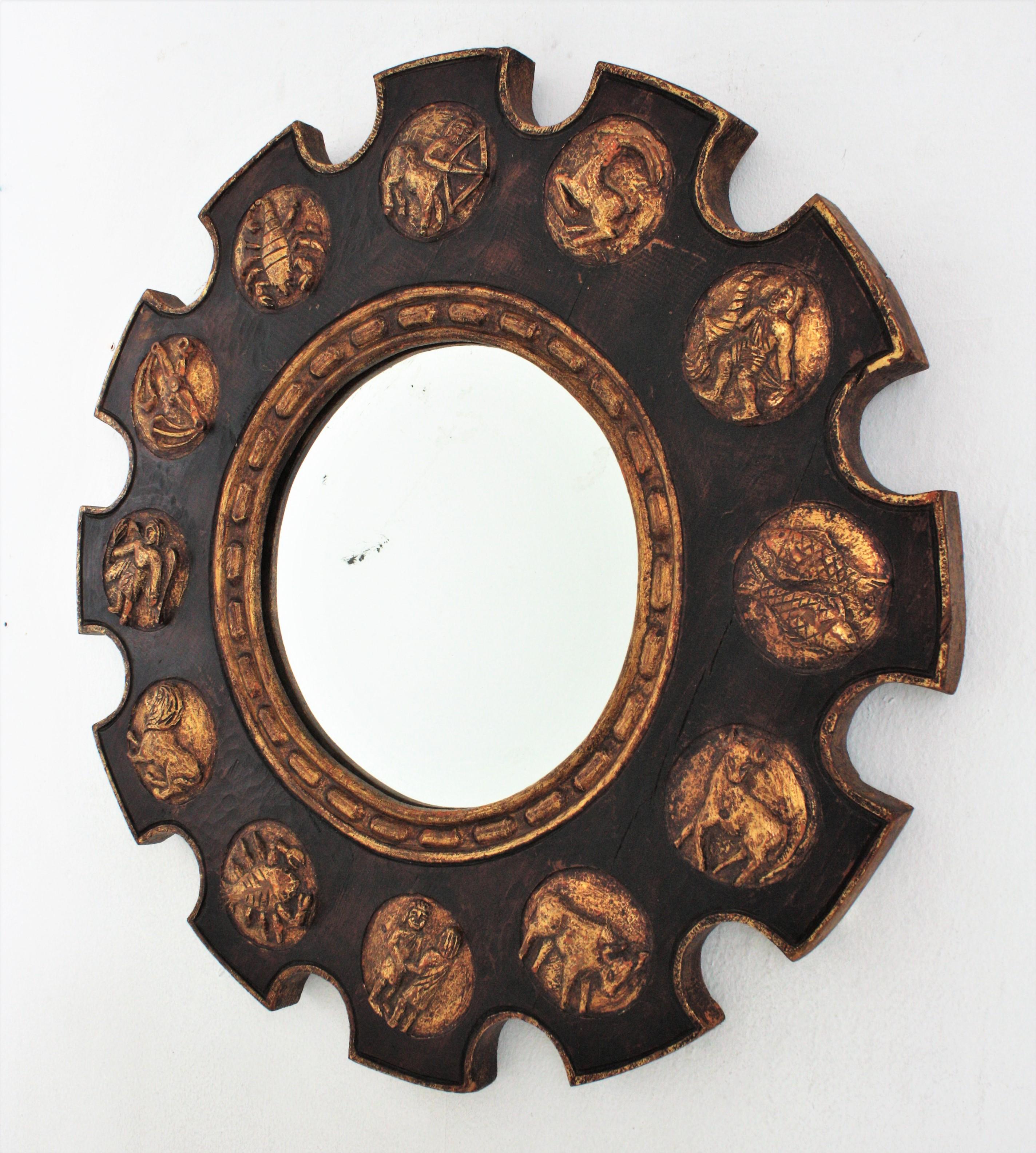 Spanish Zodiac Sunburst Mirror with Brown Giltwood Carved Frame For Sale 5