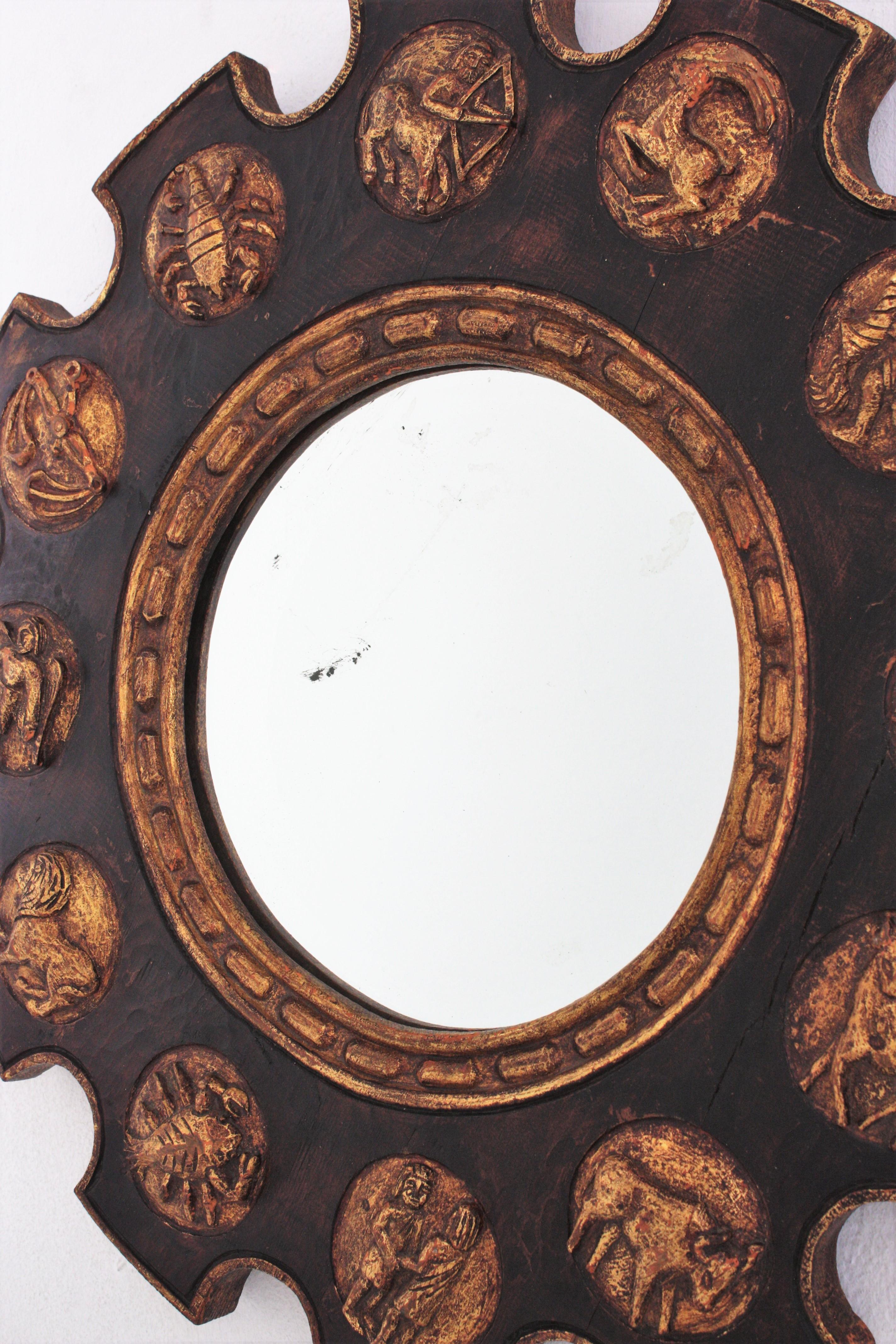 Spanish Zodiac Sunburst Mirror with Brown Giltwood Carved Frame For Sale 6