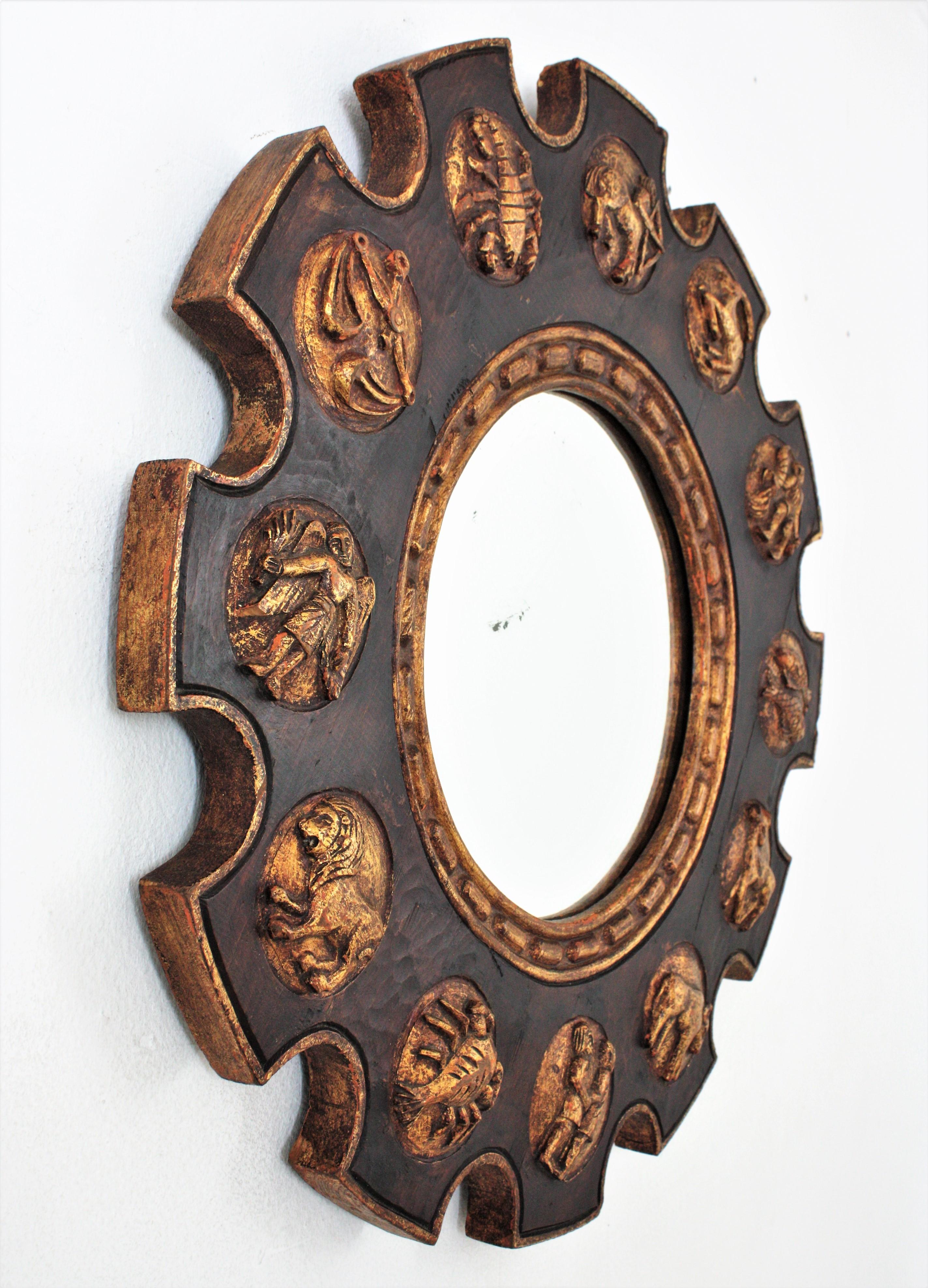 Spanish Zodiac Sunburst Mirror with Brown Giltwood Carved Frame For Sale 7