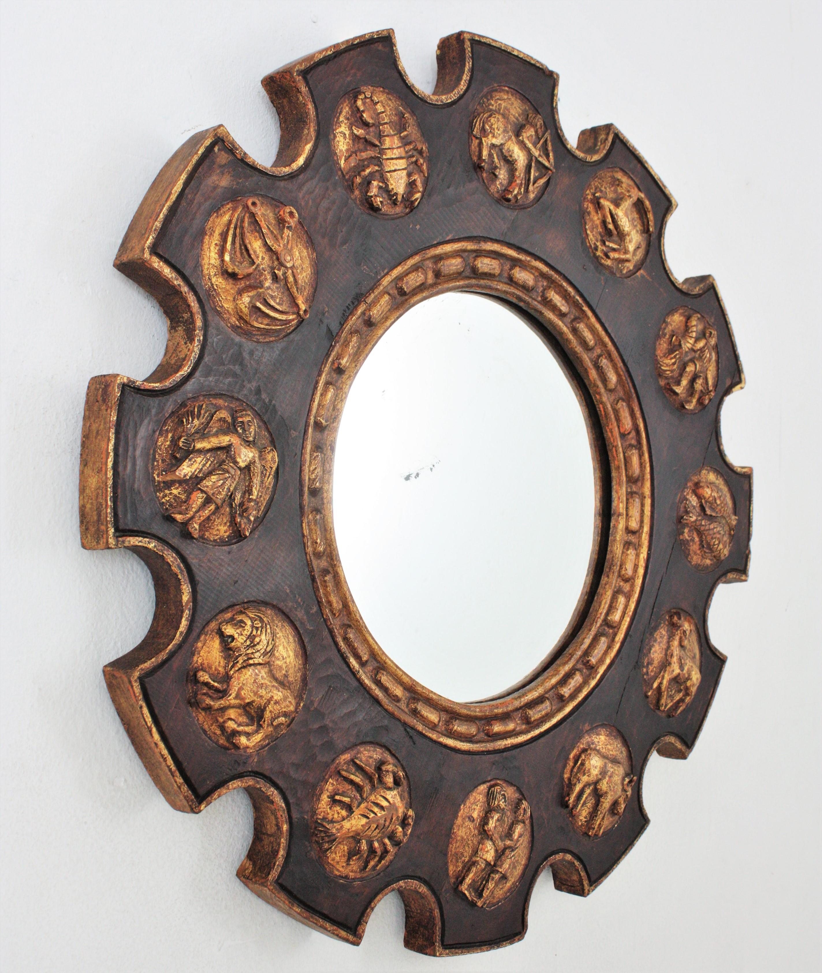 Renaissance Revival Spanish Zodiac Sunburst Mirror with Brown Giltwood Carved Frame For Sale