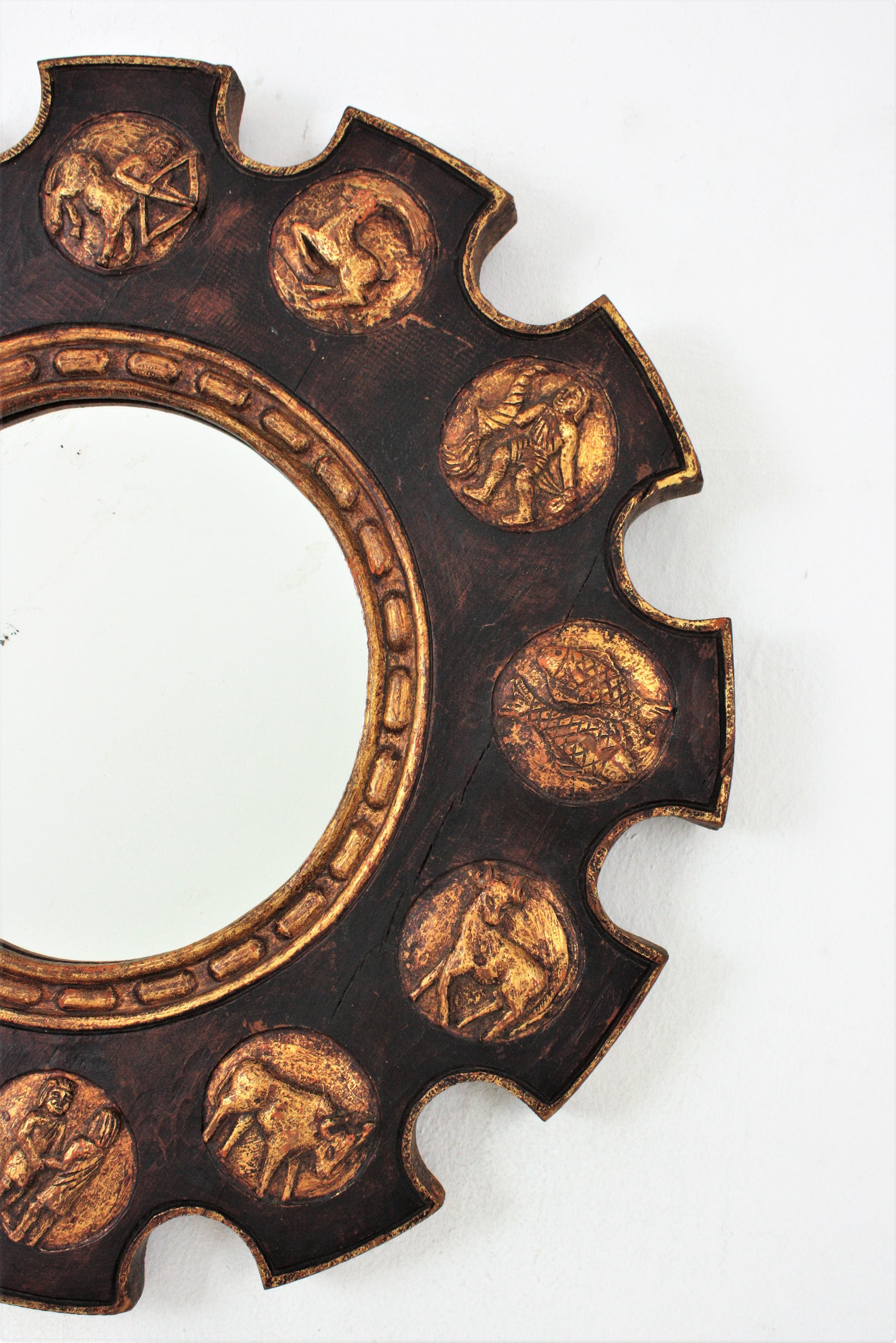 Hand-Carved Spanish Zodiac Sunburst Mirror with Brown Giltwood Carved Frame For Sale