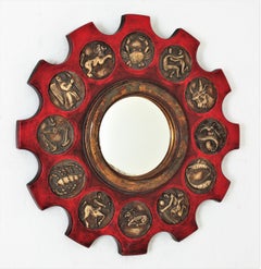 Zodiac Mirror with Red Giltwood Carved Frame