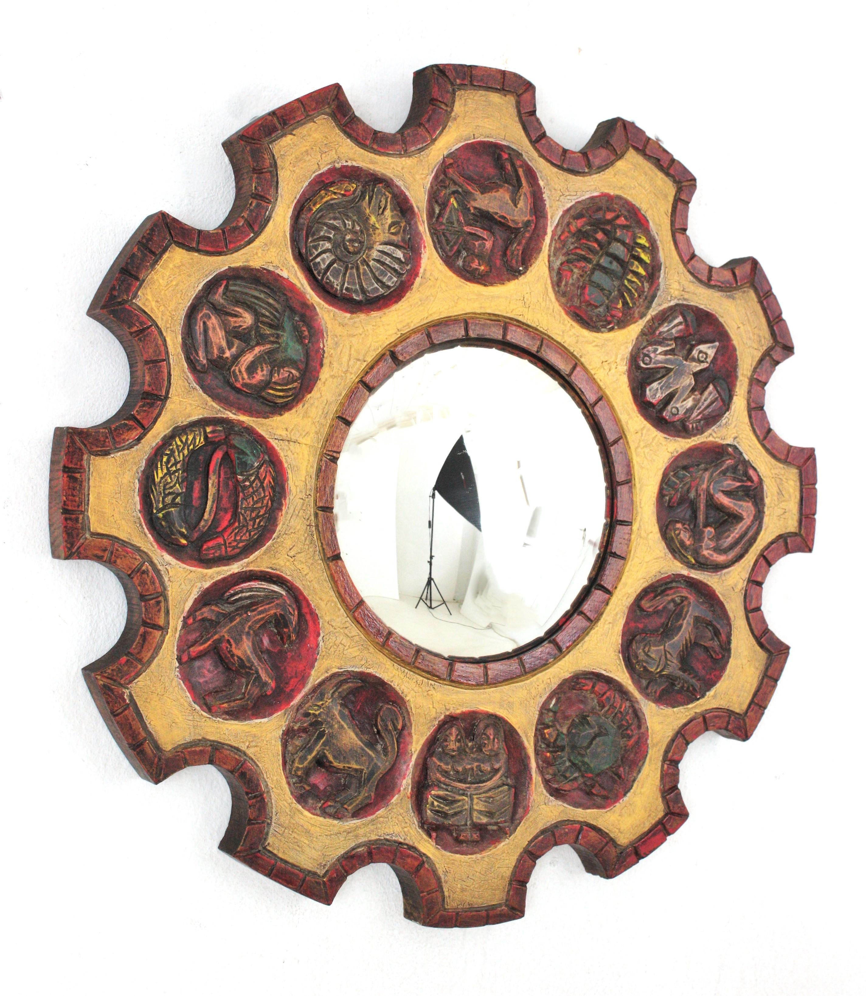 Renaissance Revival Spanish Zodiac Sunburst Mirror with Red Giltwood Carved Frame, 1950s For Sale