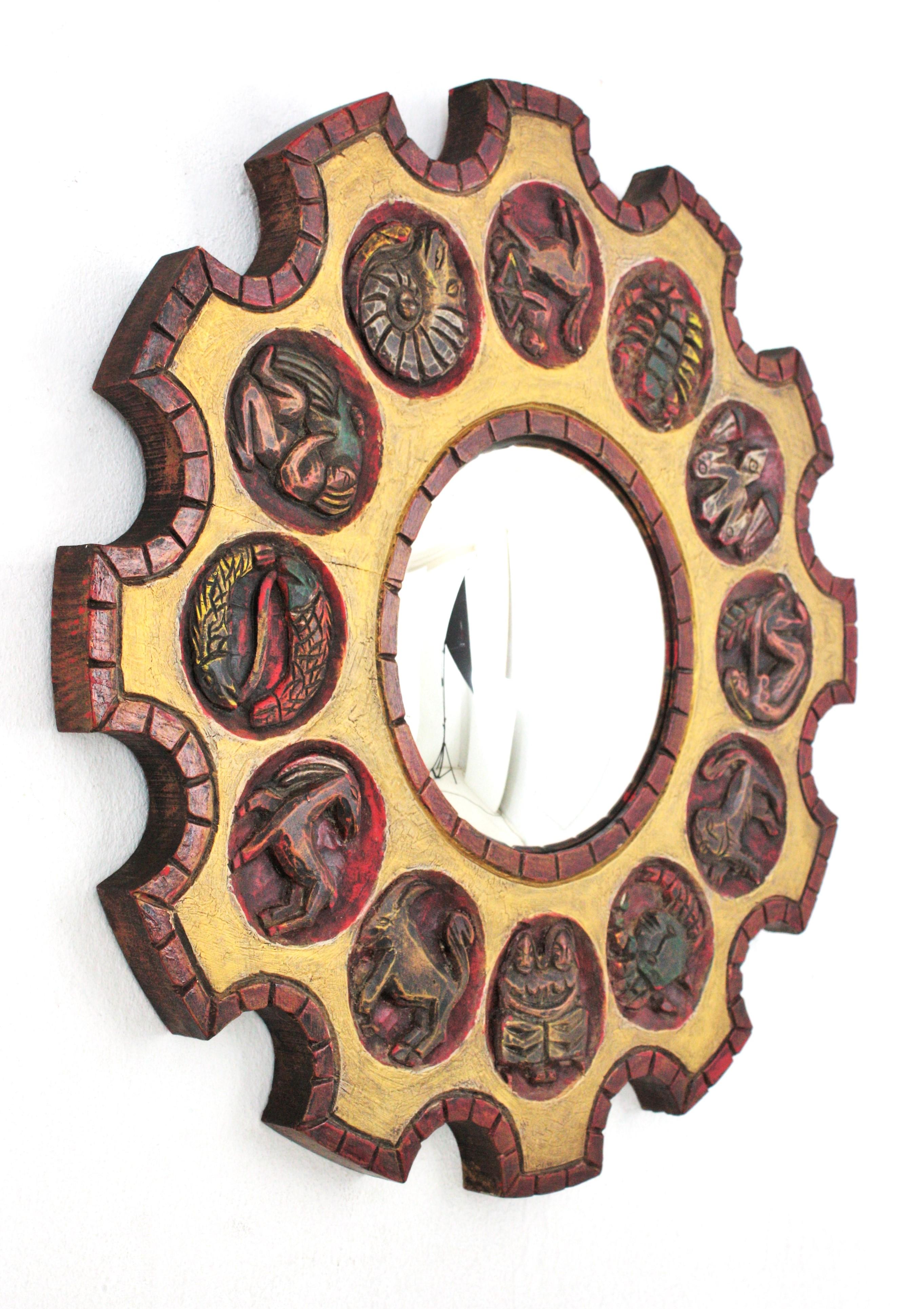 Hand-Carved Spanish Zodiac Sunburst Mirror with Red Giltwood Carved Frame, 1950s For Sale
