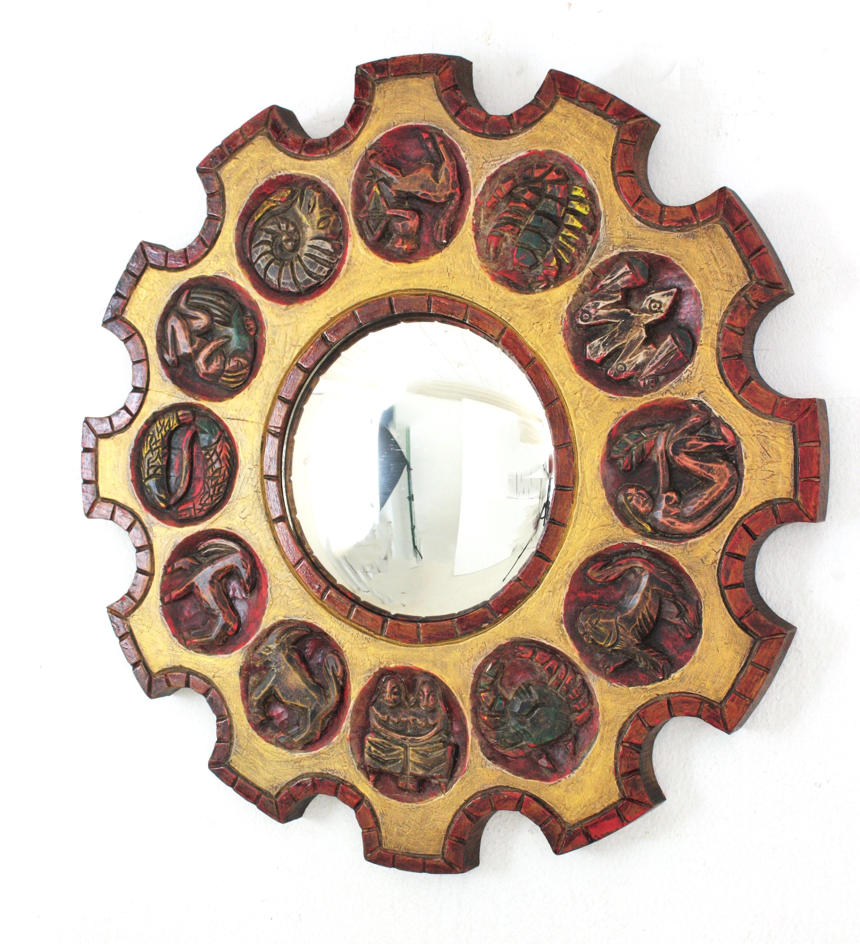 Spanish Zodiac Sunburst Mirror with Red Giltwood Carved Frame, 1950s For Sale 2