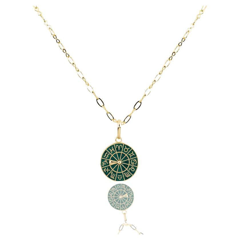 Zodiac Necklace 14K Yellow Gold, Handmade Green Enamel, Set Your Sign on Pendant For Sale