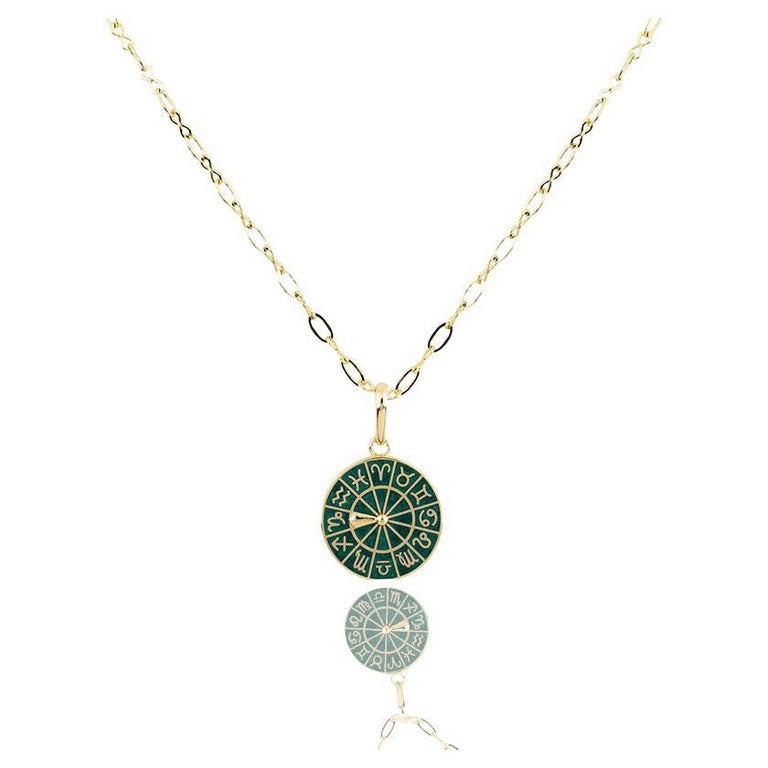 Zodiac Necklace 14K Yellow Gold, Handmade Green Enamel, Set Your Sign on  Pendant For Sale at 1stDibs
