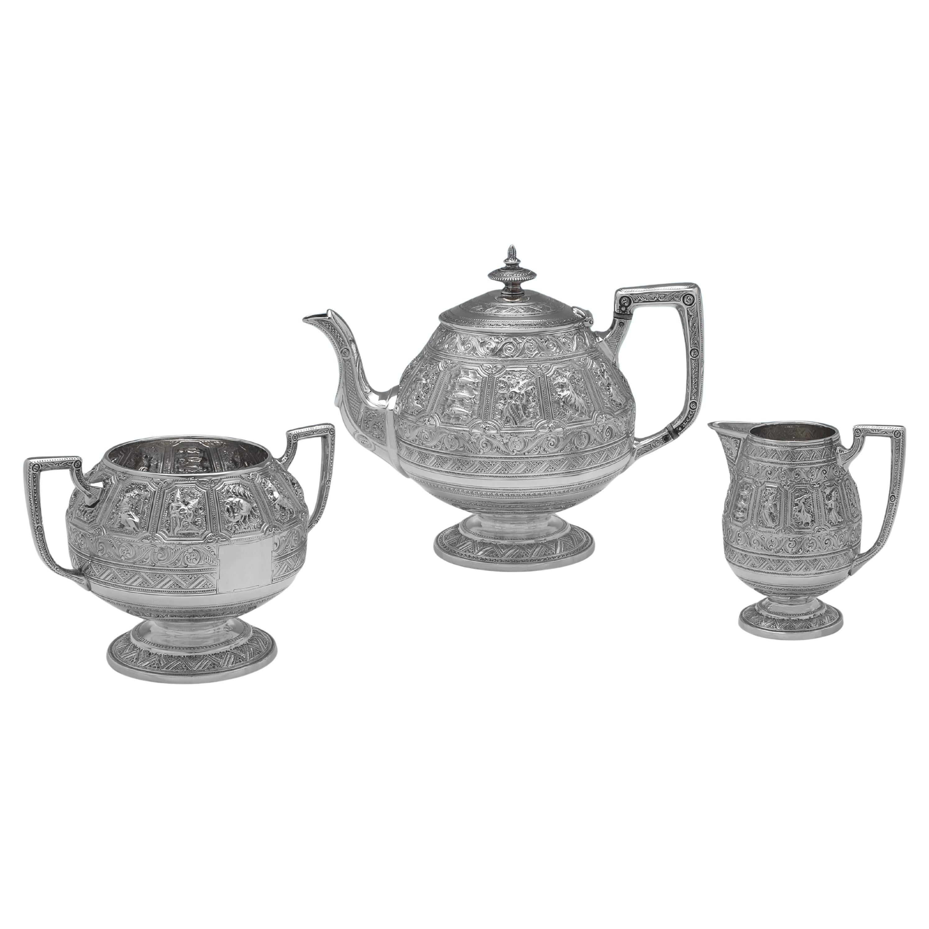 Zodiac pattern Victorian sterling silver tea set made by Hamilton 
Inches 1878