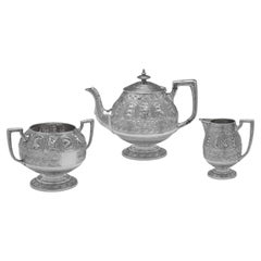 Zodiac pattern Victorian sterling silver tea set made by Hamilton & Inches 1878