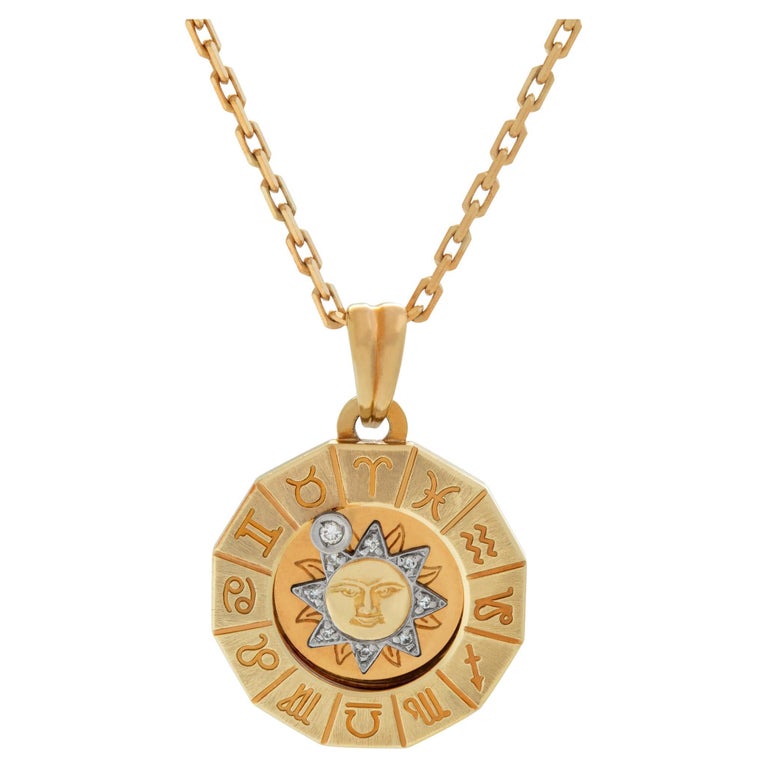 Zodiac Pendant Necklace in 18k Yellow Gold with Accent Diamond For Sale