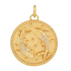Zodiac Fische Medaillon Charme 14K Gelbgold Anhänger Halskette
