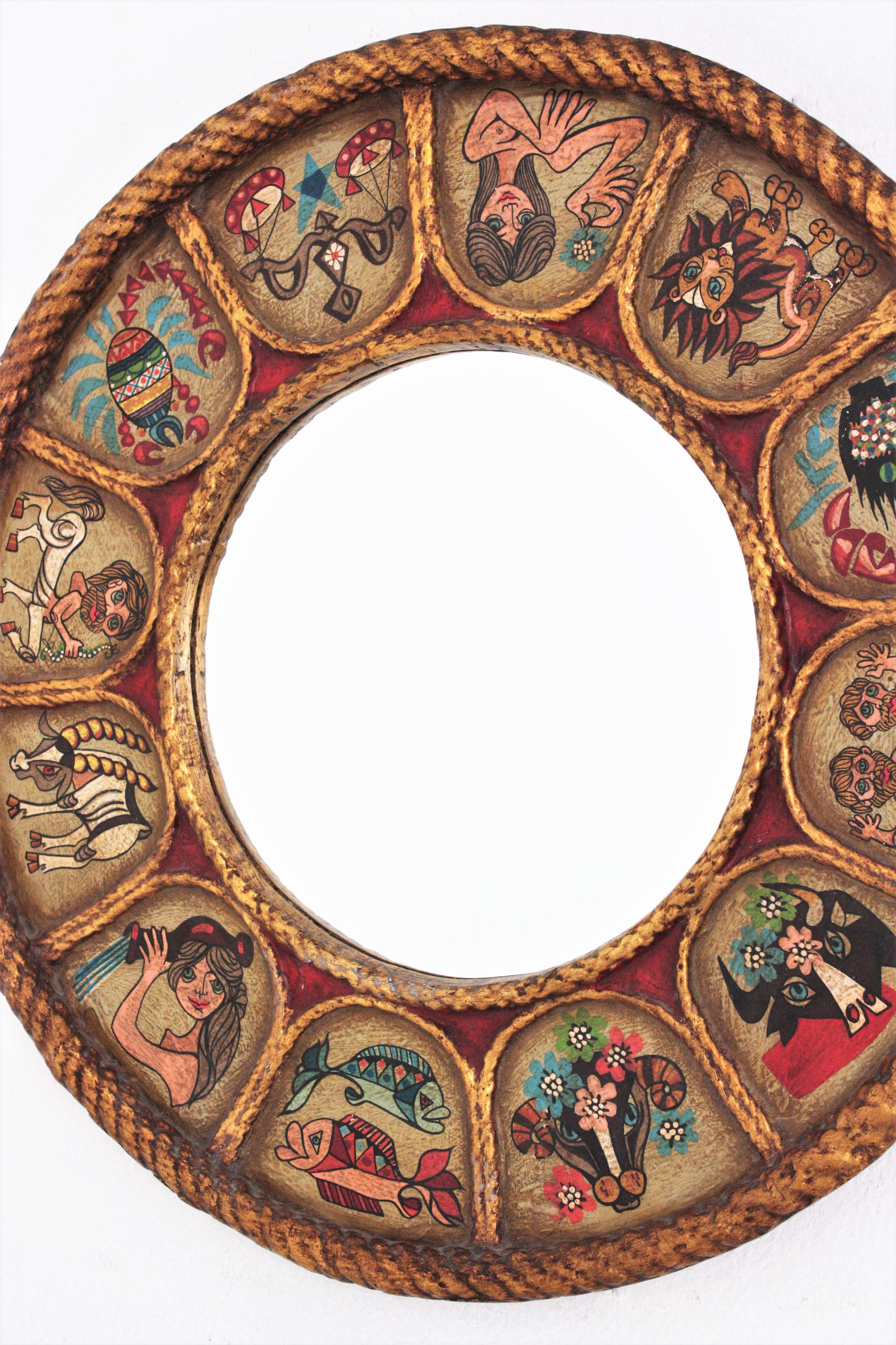 Spanish Zodiac Round Mirror in Gilt Polychrome Wood, 1950s For Sale 4