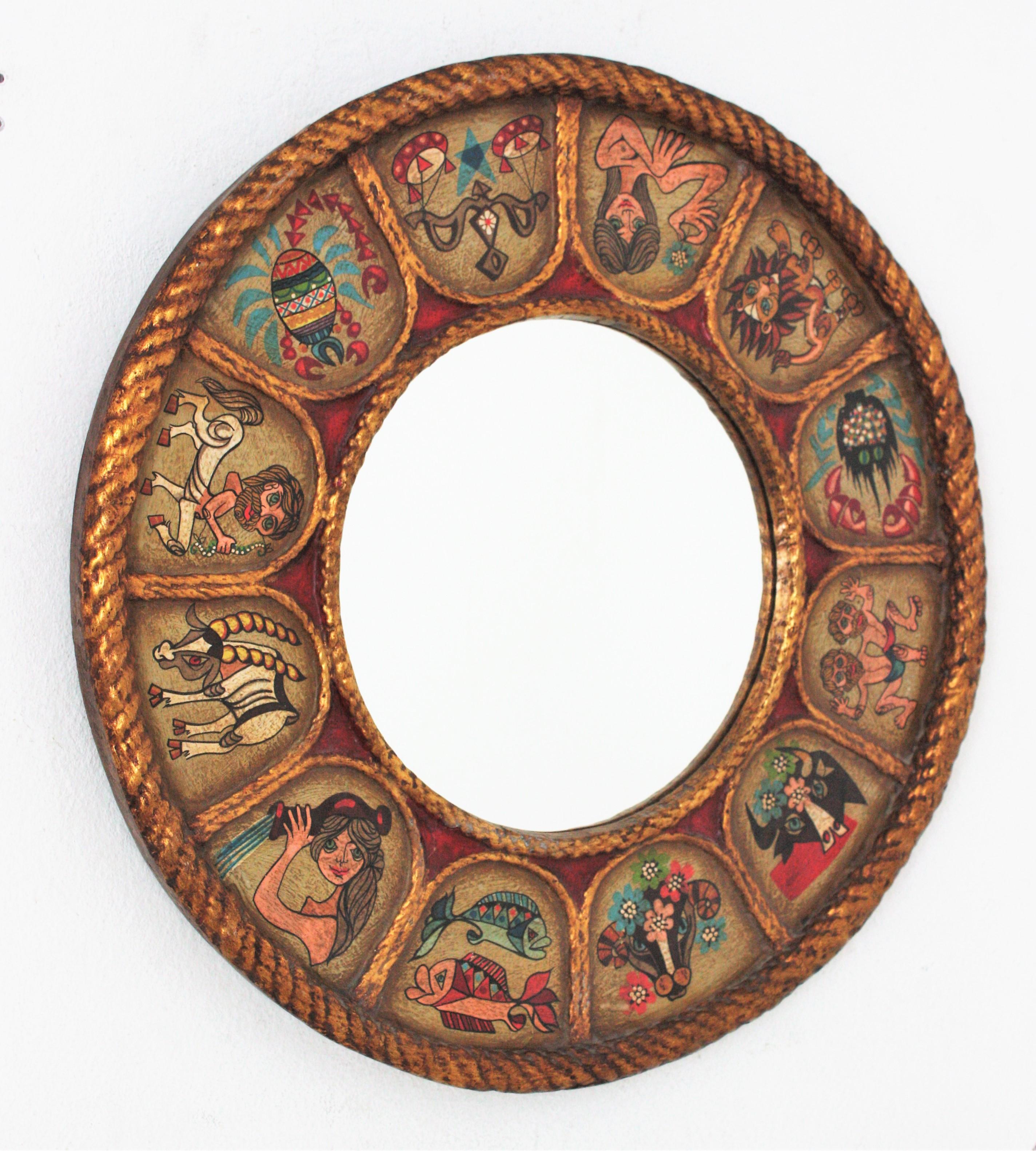 Runder spanischer Zodiac-Spiegel aus vergoldetem, polychromem Holz, 1950er Jahre (Neorenaissance) im Angebot