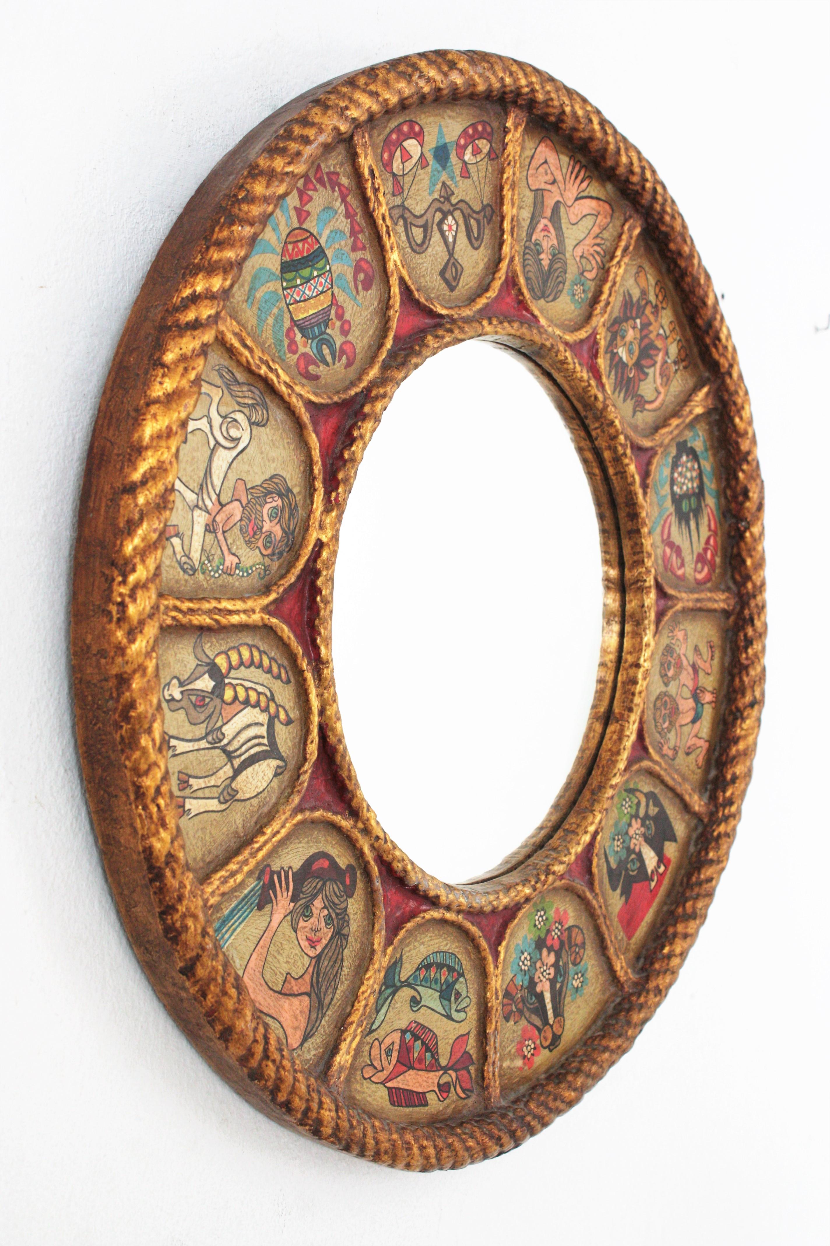 Runder spanischer Zodiac-Spiegel aus vergoldetem, polychromem Holz, 1950er Jahre (Spanisch) im Angebot