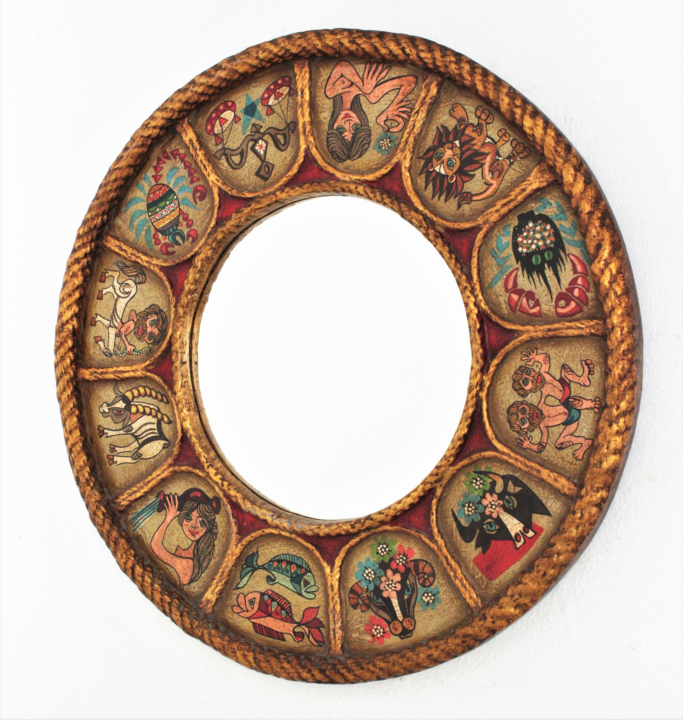 Spanish Zodiac Round Mirror in Gilt Polychrome Wood, 1950s For Sale 1