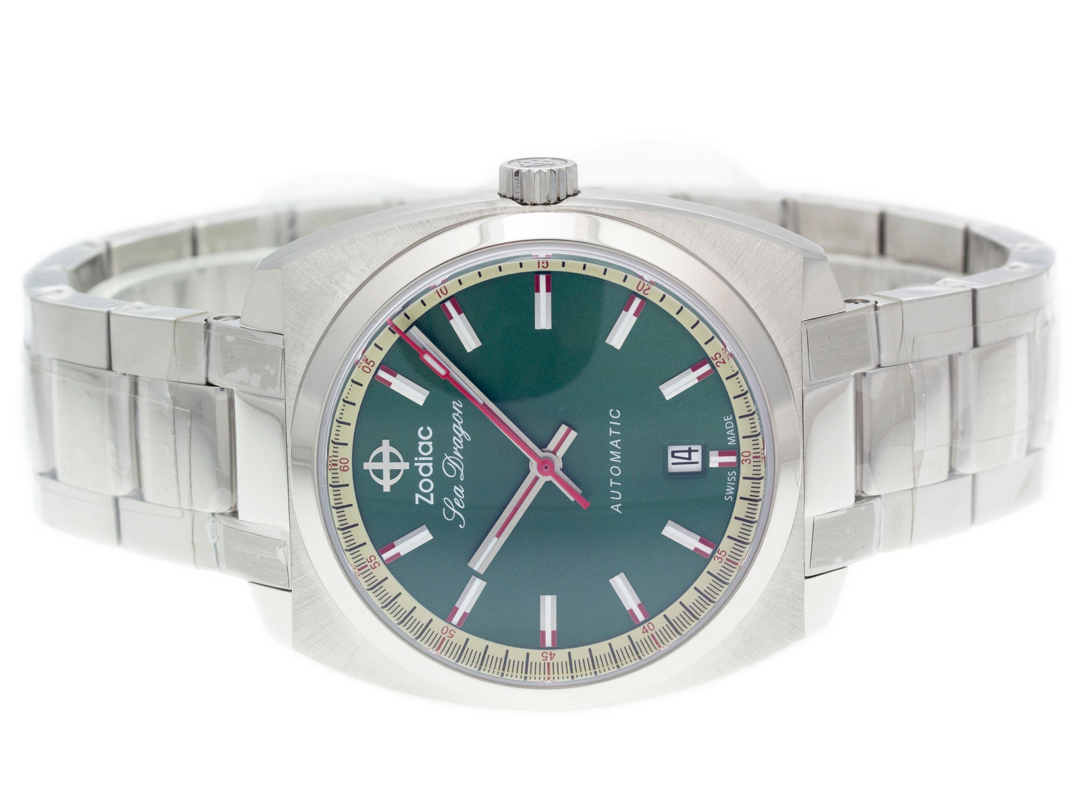 Stainless steel Zodiac Sea Dragon automatic watch with a 39mm case, green dial, and bracelet with folding clasp. Features include hours, minutes, seconds, and date. Comes with a Gift Box and 2 Year Store Warranty.​

Brand	Zodiac
Series	Sea