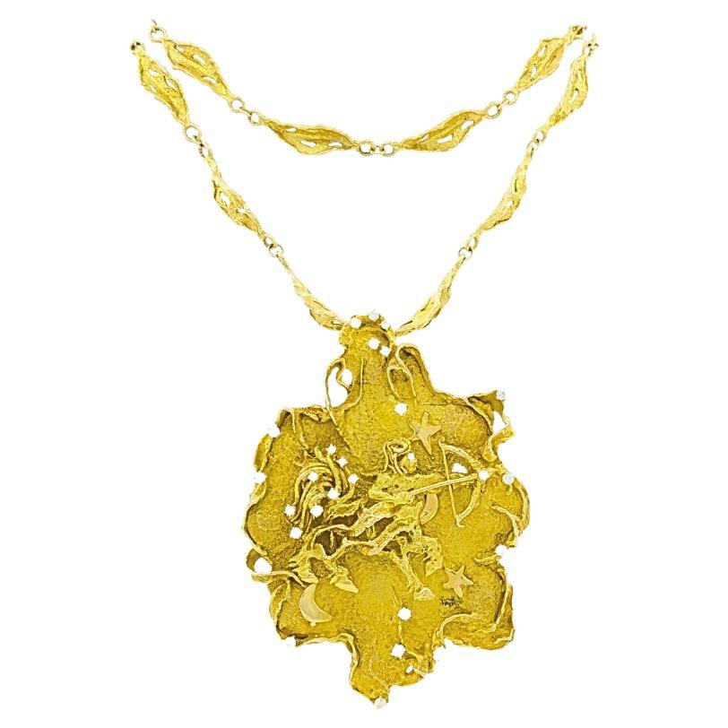 Zodiac Sign Necklace Sagittarius Brutalist Design 14k Gold Diamond