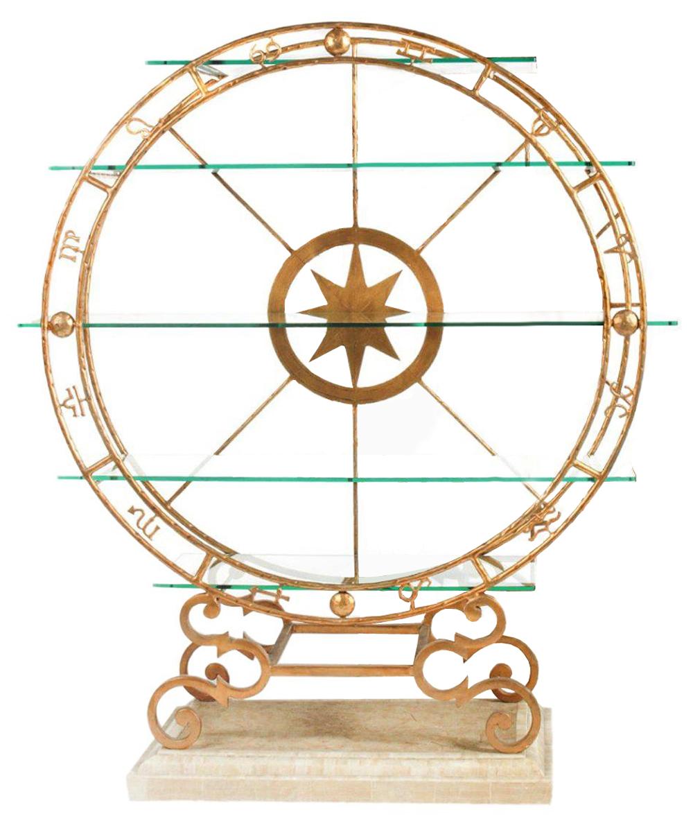 Shelves Zodiac Signs set of 2,
with zodiac signs carved around the structure
frame. With 4 clear glass shelves each and with
gilded metal structure each. Base in white stone
and reconstituted white marble. Exceptional and
unique set of 2 pieces. L