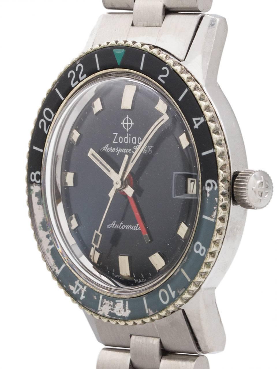 Zodiac Stainless Steel Aerospace GMT Automatic wristwatch, circa 1960s In Excellent Condition In West Hollywood, CA