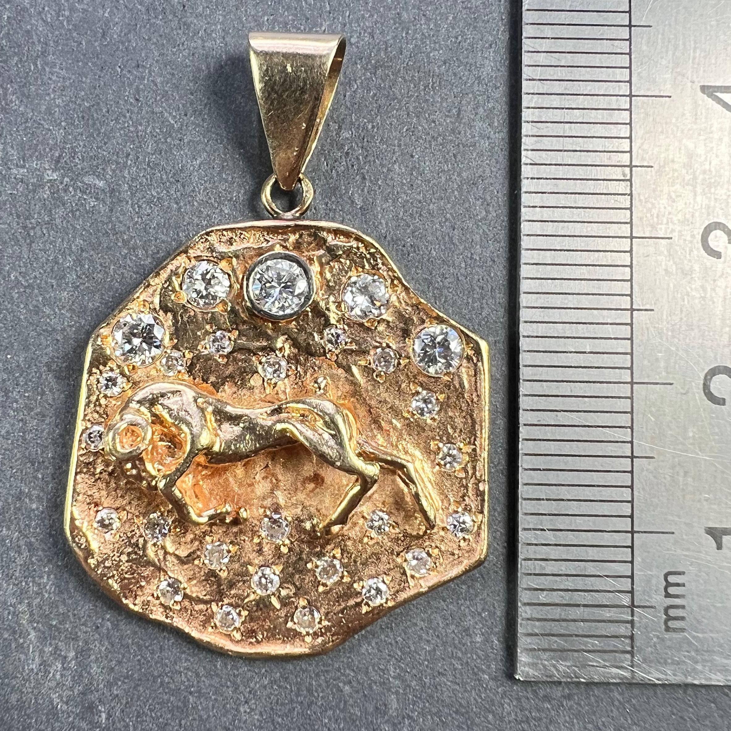 Zodiac Taurus Aries 14K Yellow Gold Diamond Medal Pendant For Sale 5
