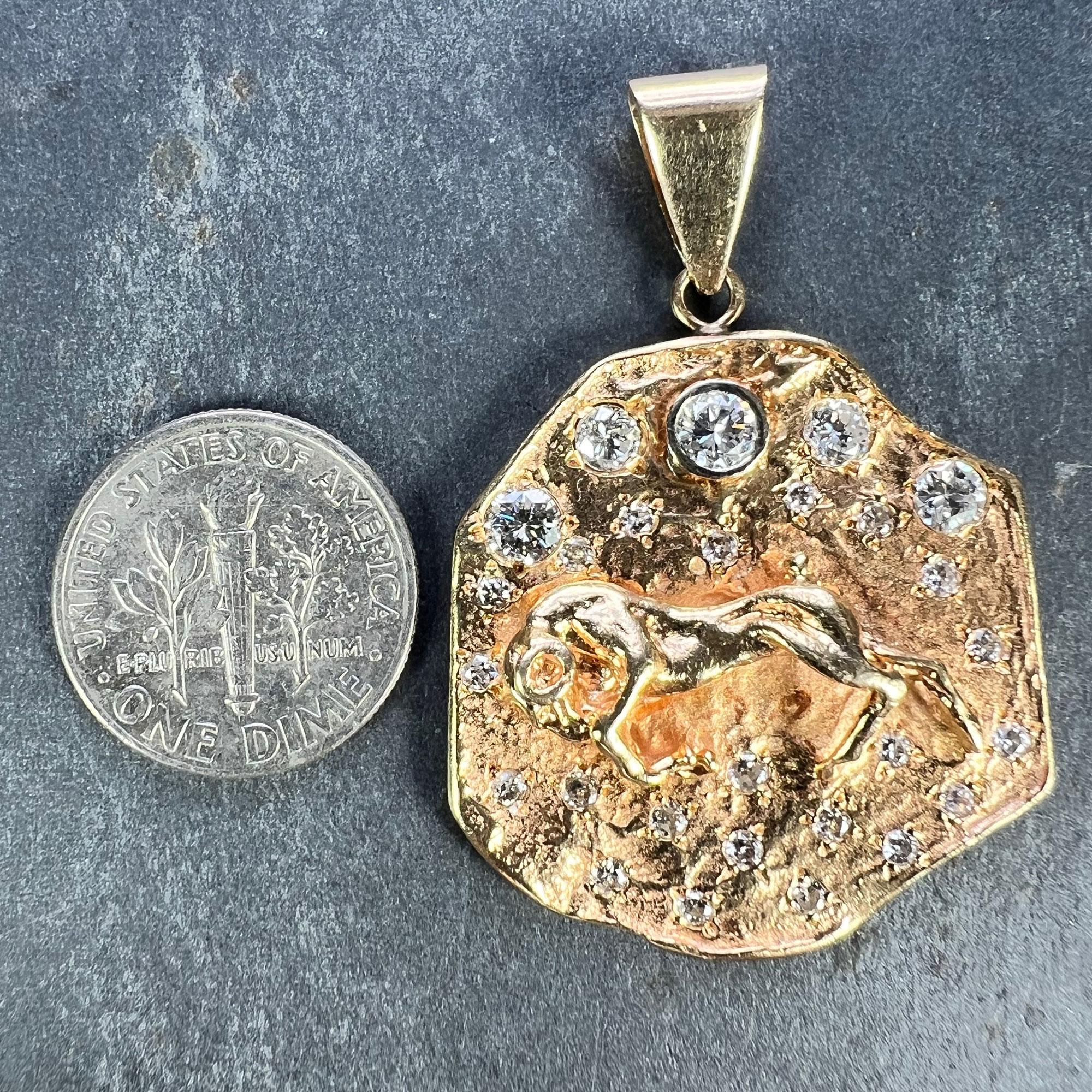 Zodiac Taurus Aries 14K Yellow Gold Diamond Medal Pendant For Sale 6