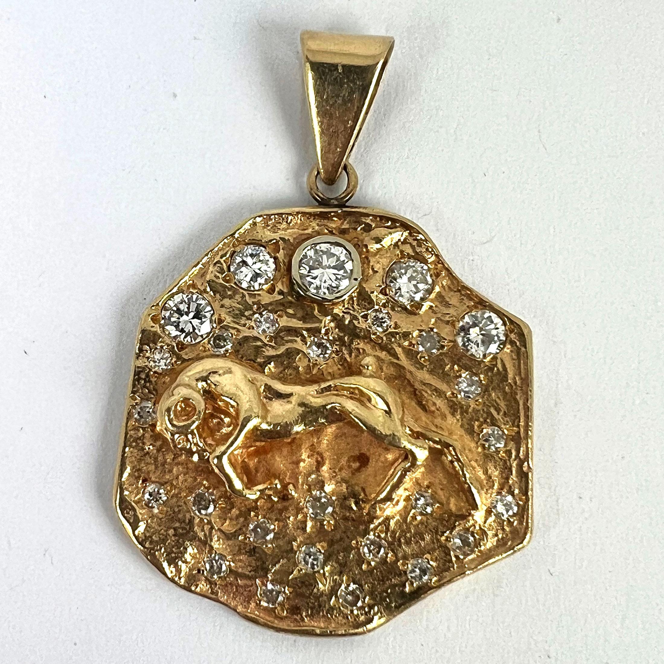 Zodiac Taurus Aries 14K Yellow Gold Diamond Medal Pendant For Sale 7