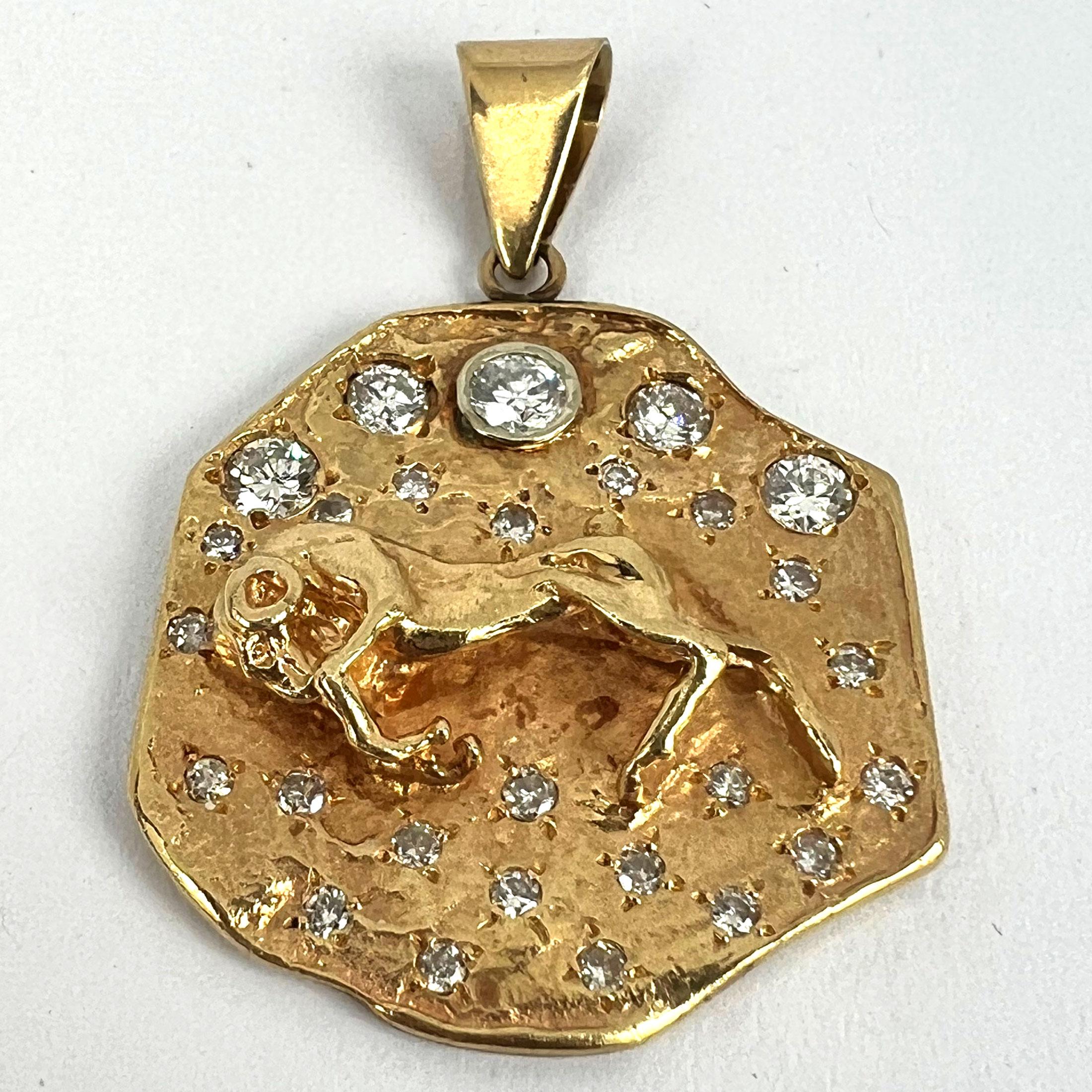 Zodiac Taurus Aries 14K Yellow Gold Diamond Medal Pendant For Sale 8