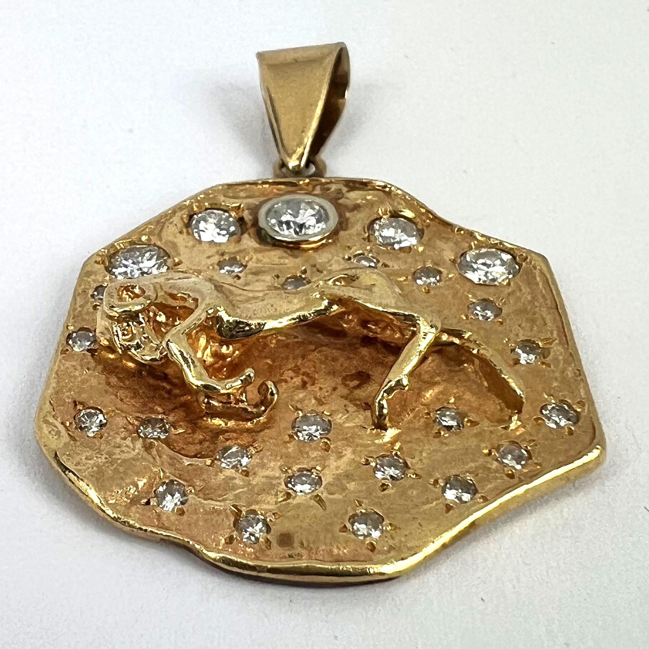 Zodiac Taurus Aries 14K Yellow Gold Diamond Medal Pendant For Sale 9