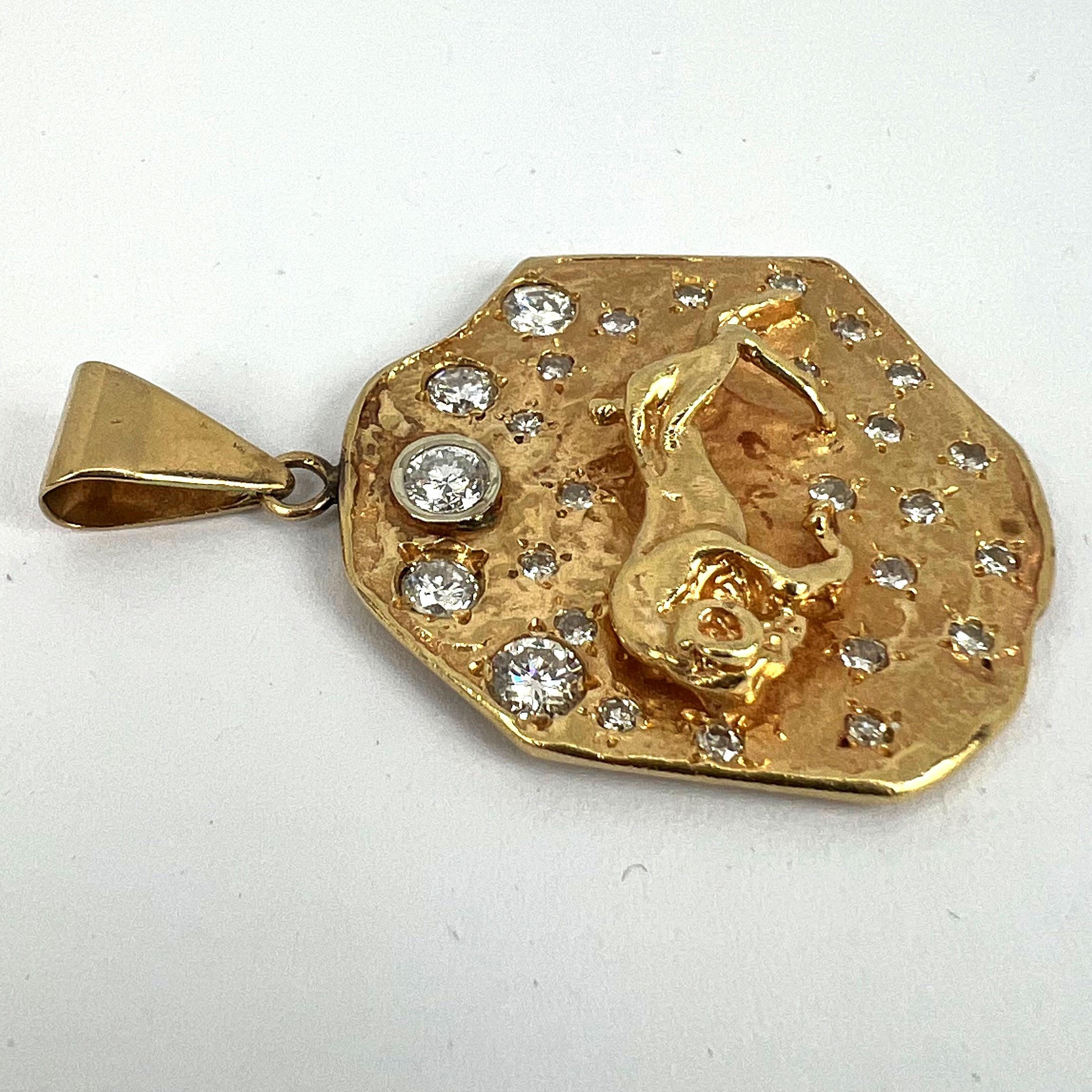 Zodiac Taurus Aries 14K Yellow Gold Diamond Medal Pendant For Sale 10