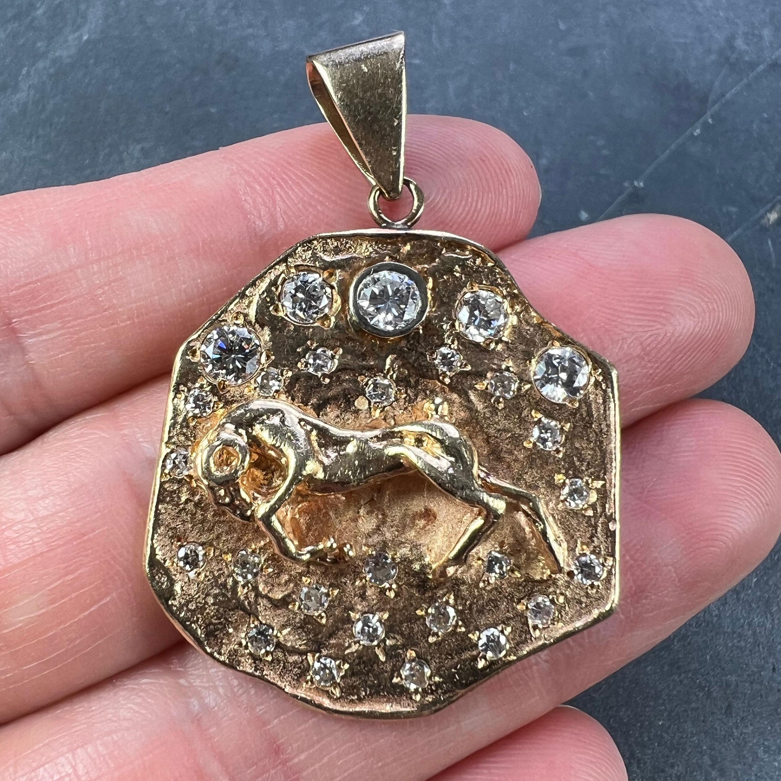 Women's or Men's Zodiac Taurus Aries 14K Yellow Gold Diamond Medal Pendant For Sale