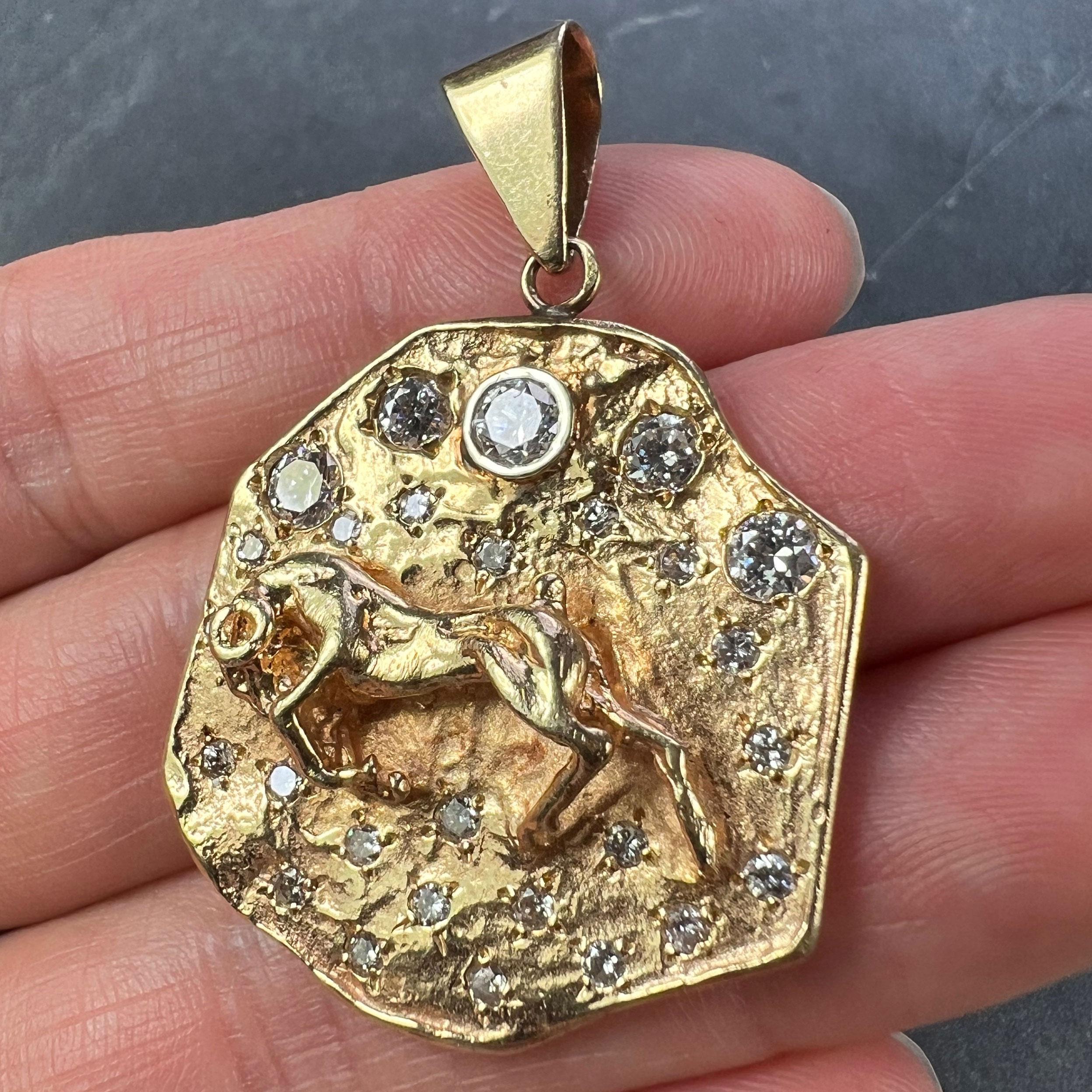 Zodiac Taurus Aries 14K Yellow Gold Diamond Medal Pendant For Sale 1