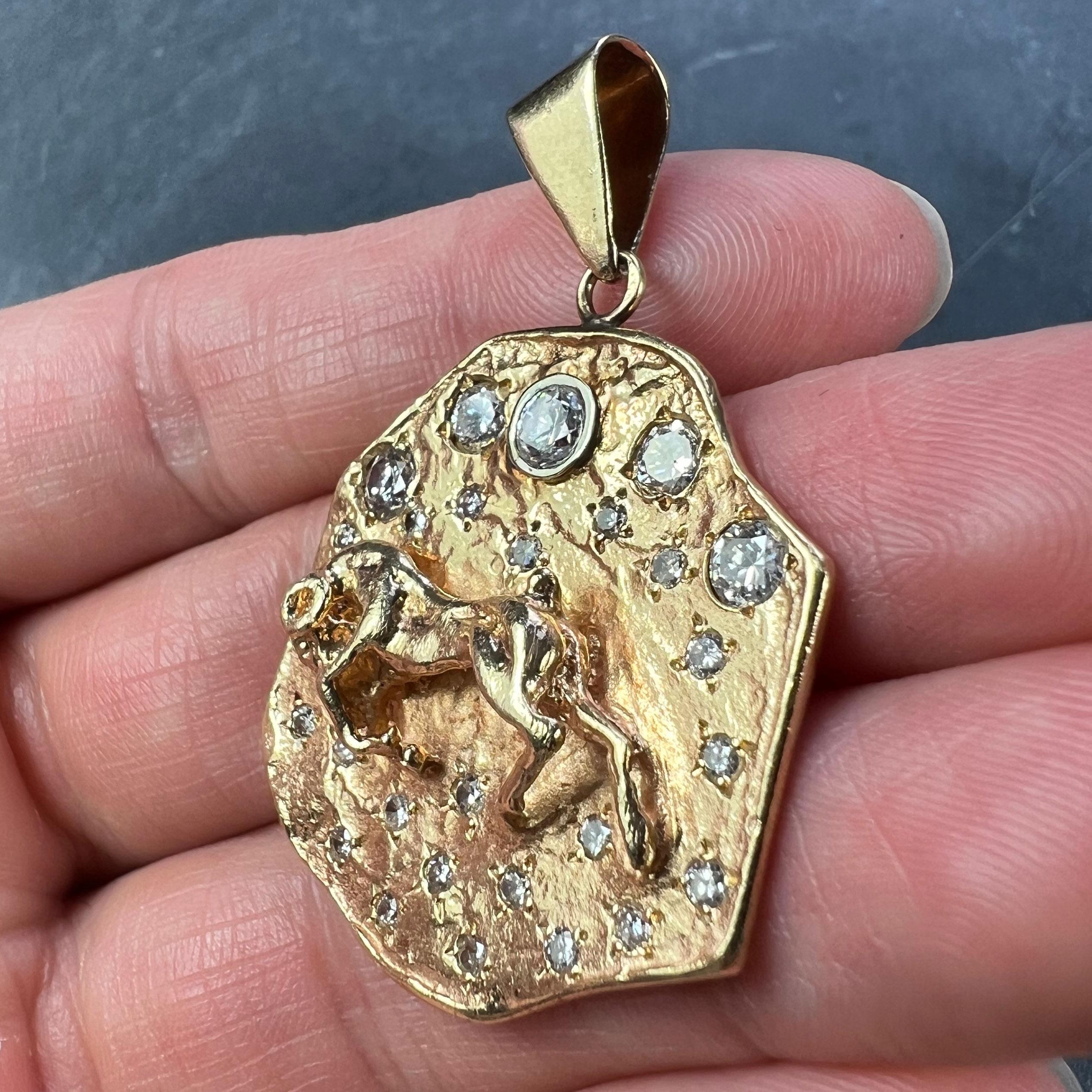 Zodiac Taurus Aries 14K Yellow Gold Diamond Medal Pendant For Sale 2
