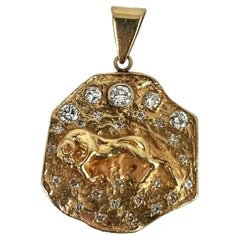 Zodiac Taurus Aries 14K Yellow Gold Diamond Medal Pendant