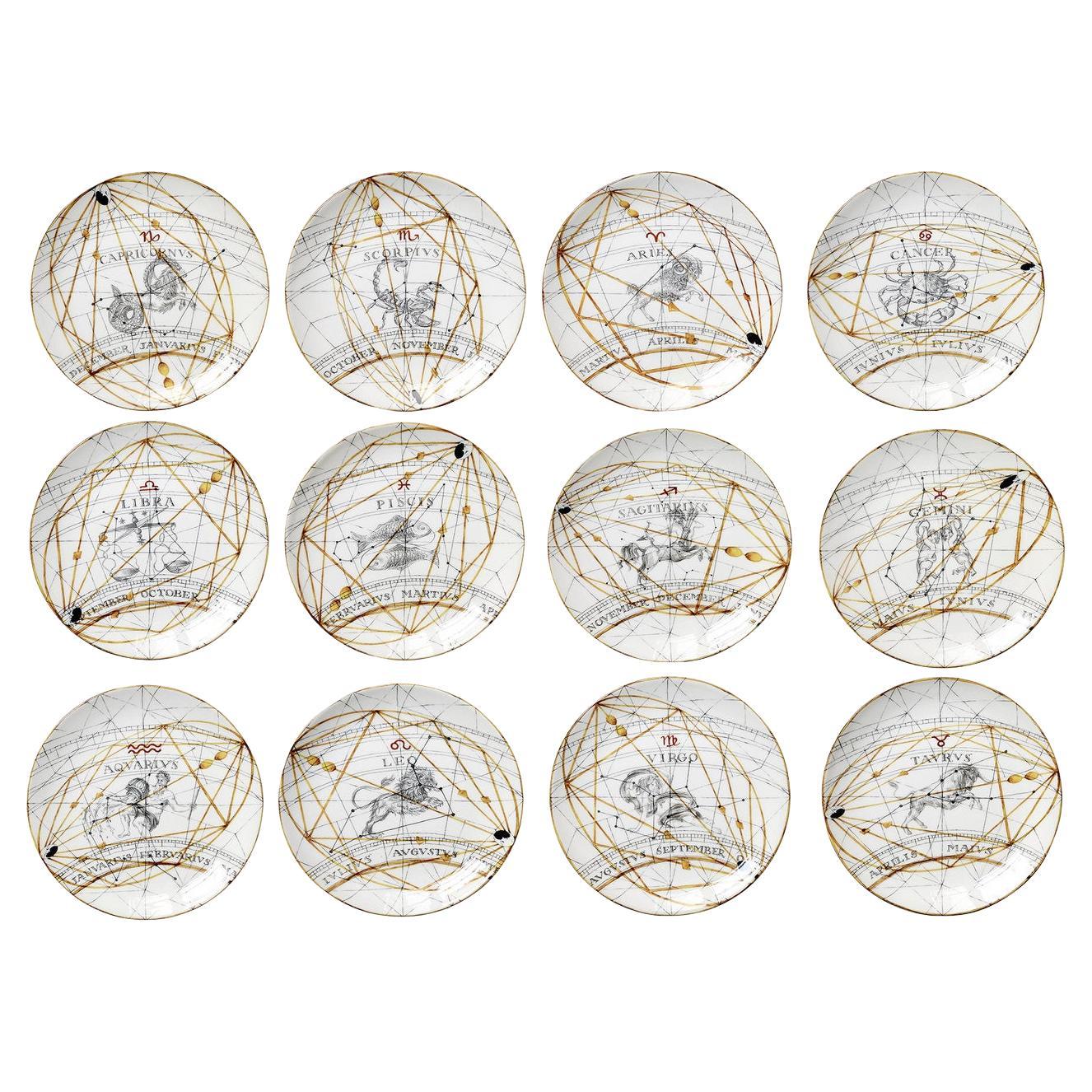 Set di 12 piatti da portata Zodiaco in bianco, oro e blu