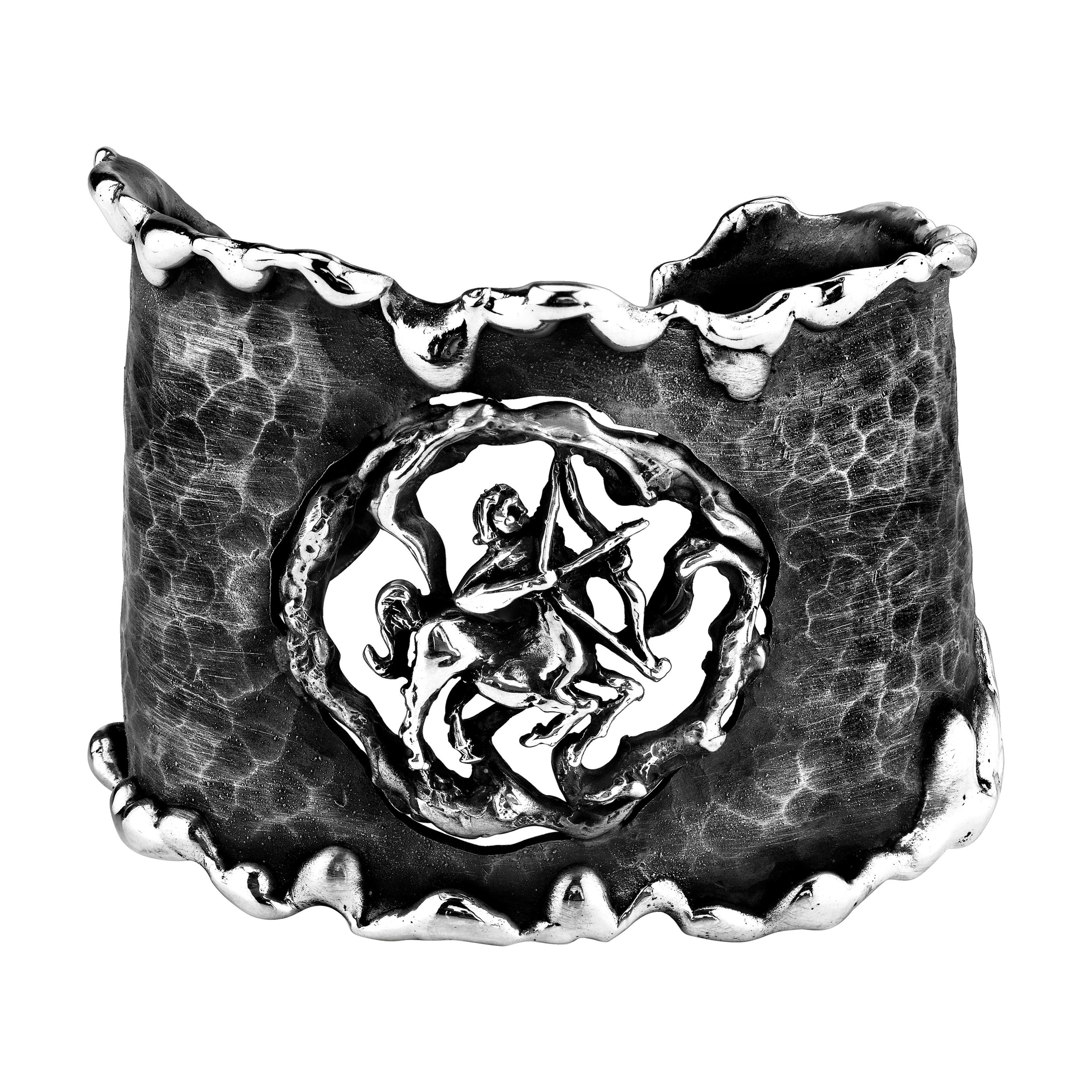 Zodiak Sagittarius Organic Silver Cuff Bracelet For Sale