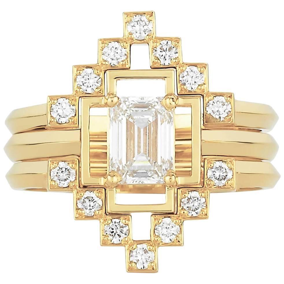 Zoe and Morgan Holos and Harmonia 18 Karat Gold Diamond Wedding Ring Set For Sale