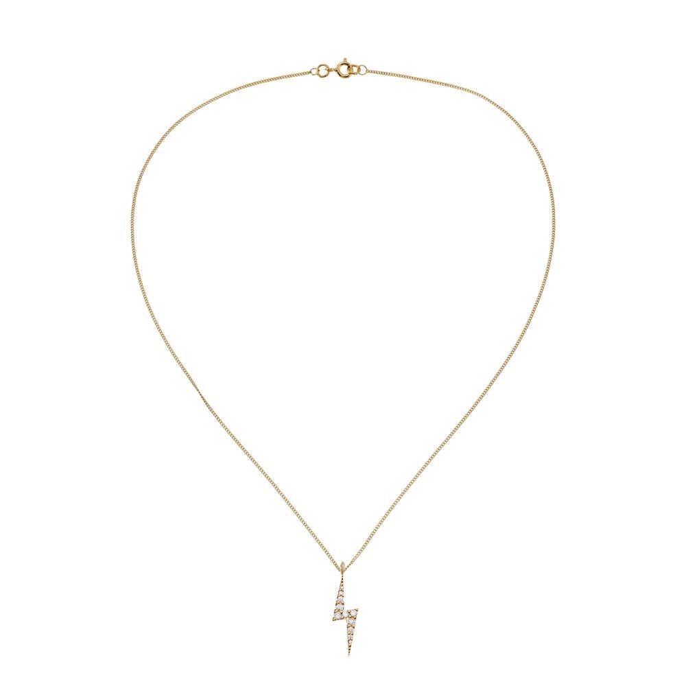Harness the divine power of the thunderbolt and let your mind be fast as lighting and your heart as strong and decisive.

9k yellow gold necklace set with 11 white diamonds.

Chain lenght: 40/45cm
Zap pendant length: 1.8cm, width: 7mm

If not in