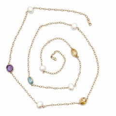 Zoe B. 14k Gold Amethyst Citrine Blue Topaz Pearl Station Cable Link Necklace