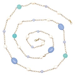 Zoe B. 14k Yellow Gold Chalcedony Blue Stones & Pearl 38" Long Station Necklace