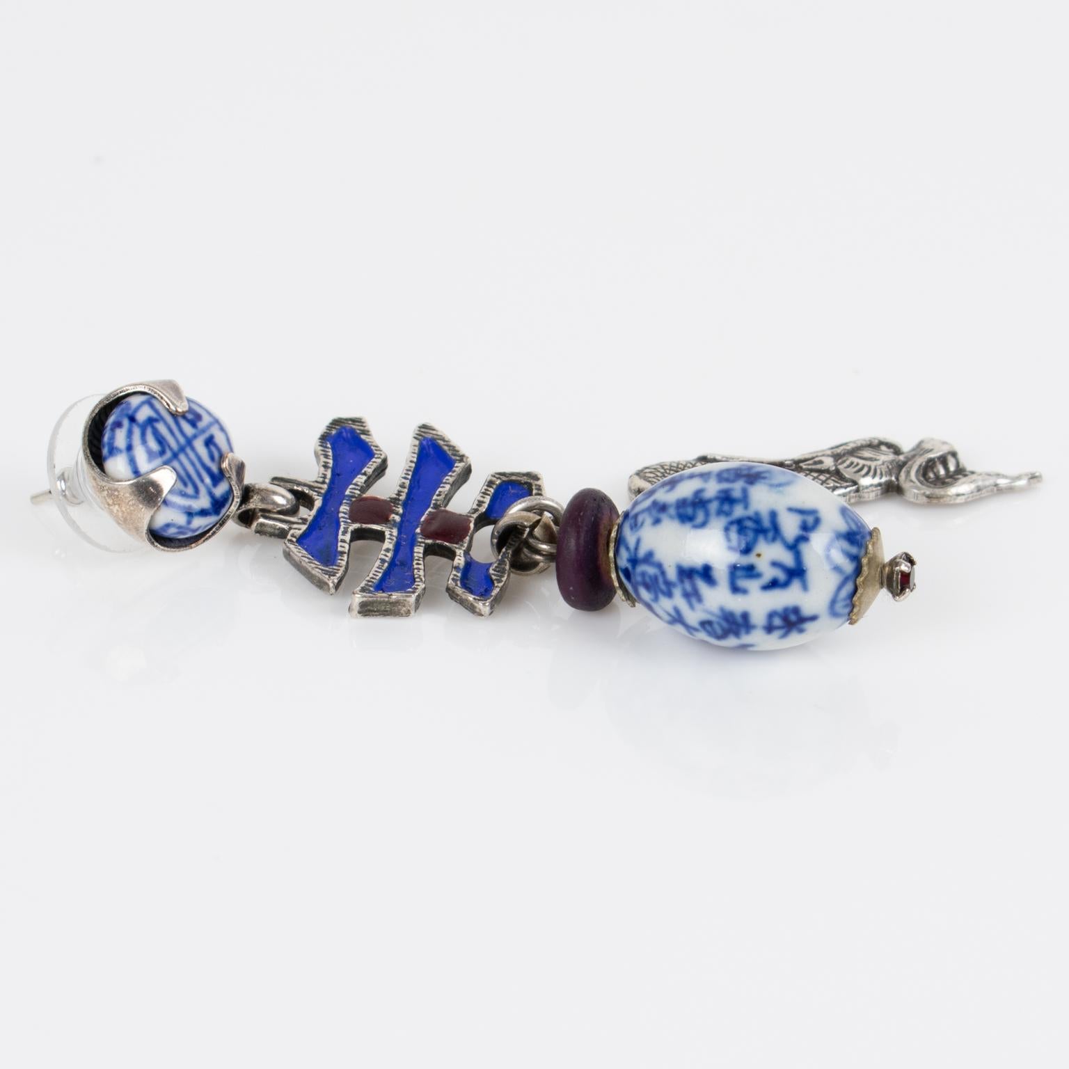 Zoe Coste Silvered Metal and Enamel Dangle Earrings For Sale 1