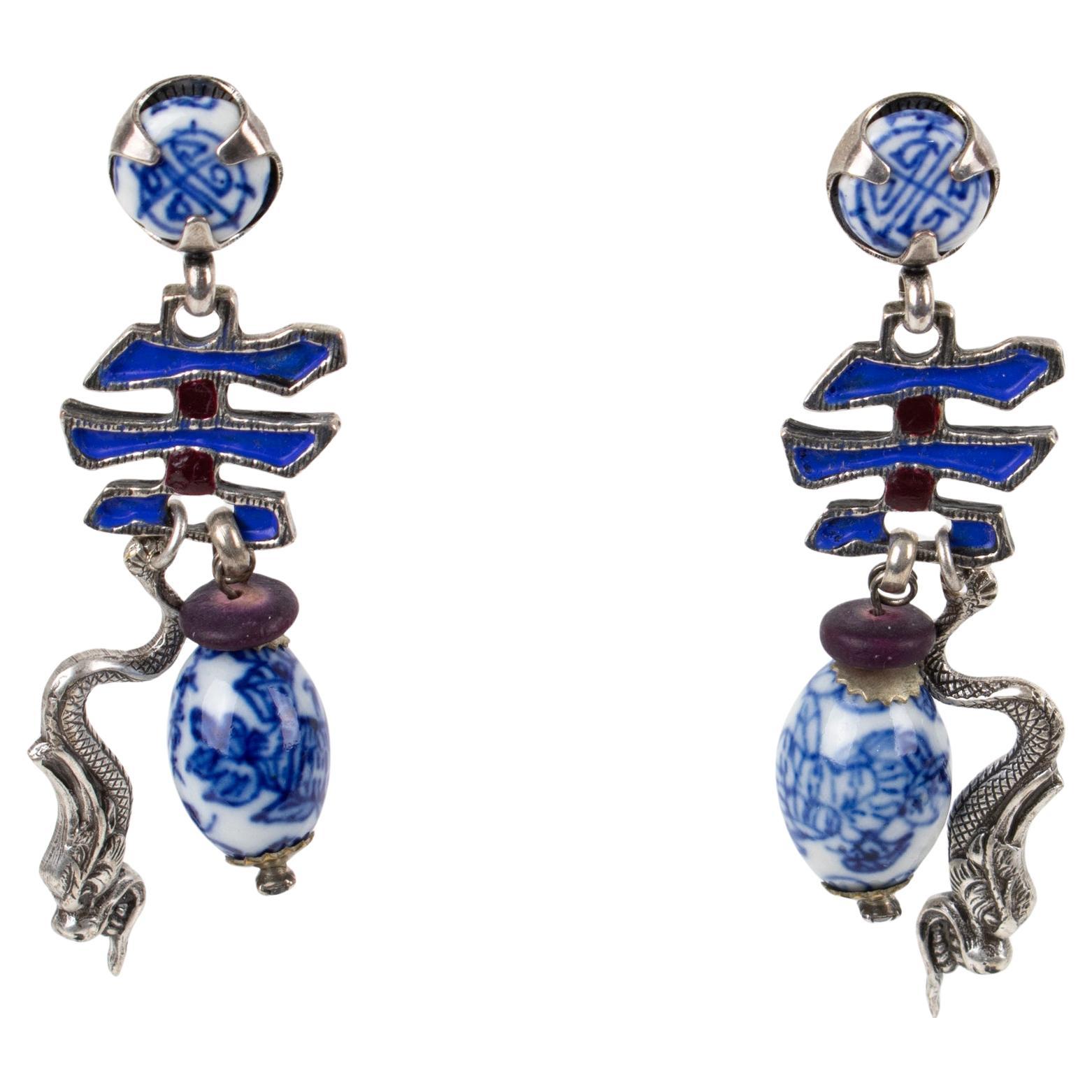Zoe Coste Silvered Metal and Enamel Dangle Earrings For Sale