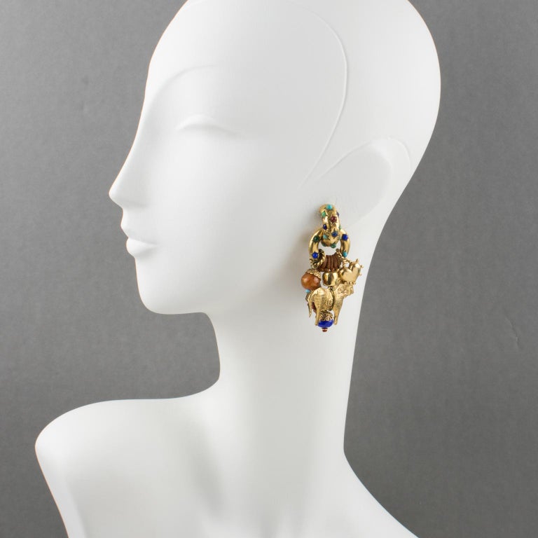 Zoe Coste Boho Ethnic Chic Gilt Metal and Beads Dangle Clip Earrings